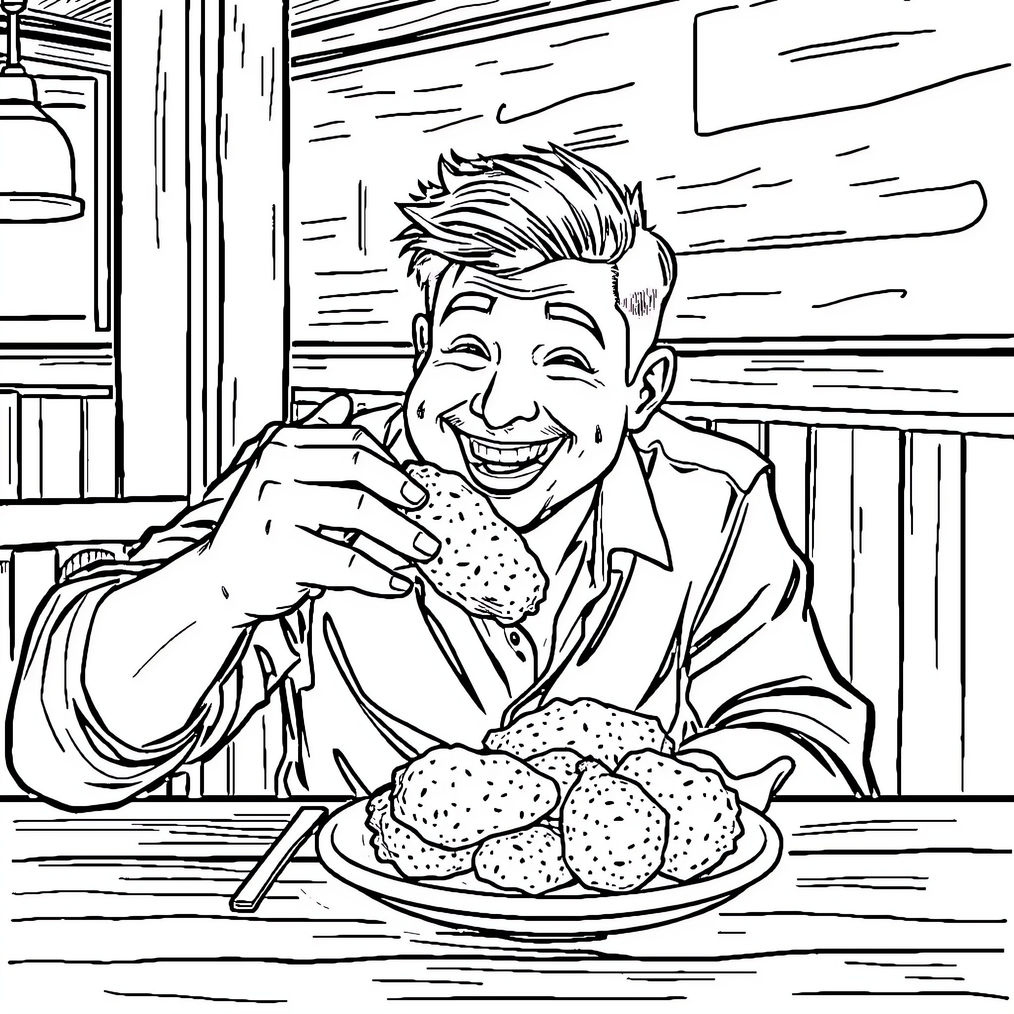 Man enjoying a hearty meal with enthusiasm Coloring Page (free black-and-white line drawing printable PDF for all, from beginners to advanced learners, including children, teens, adults, and seniors)
