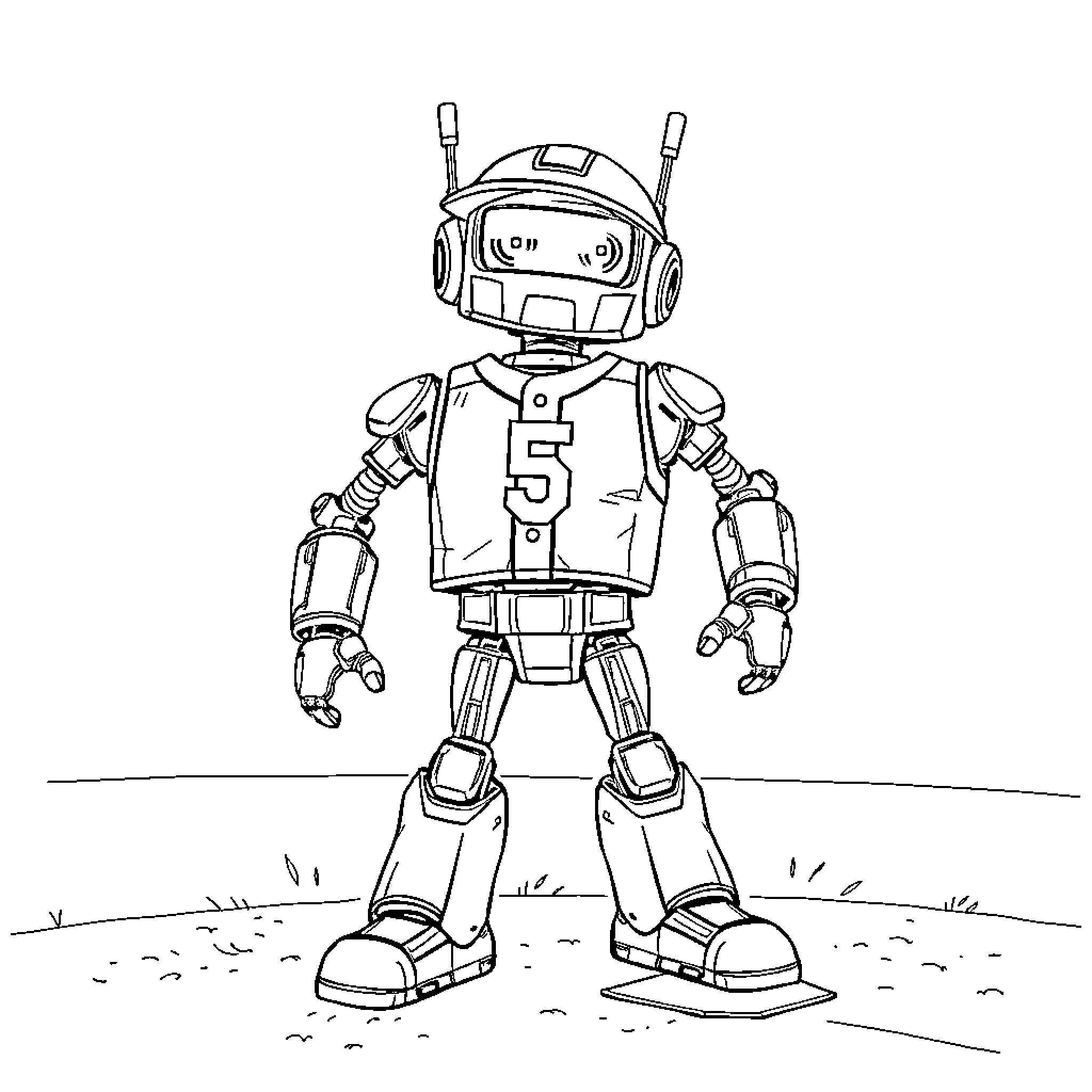 Robot player in sporting jersey on field Coloring Page (free black-and-white line drawing printable PDF for all, from beginners to advanced learners, including children, teens, adults, and seniors)