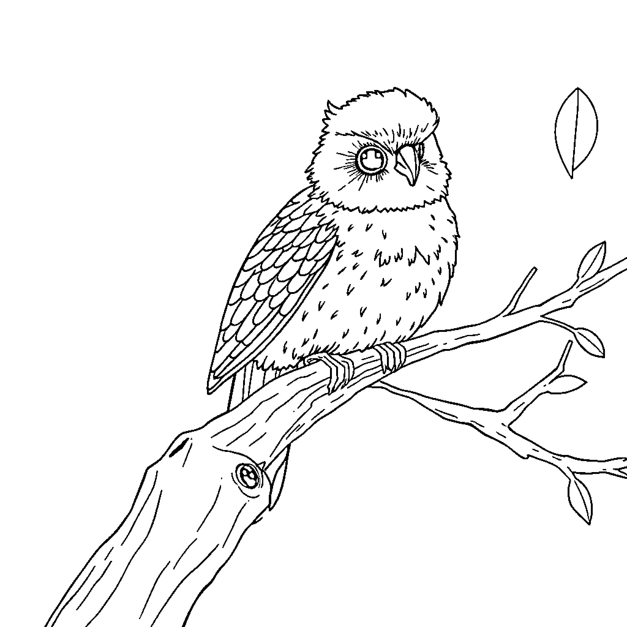 Owl perched on a branch with leaves Coloring Page (free black-and-white line drawing printable PDF for all, from beginners to advanced learners, including children, teens, adults, and seniors)
