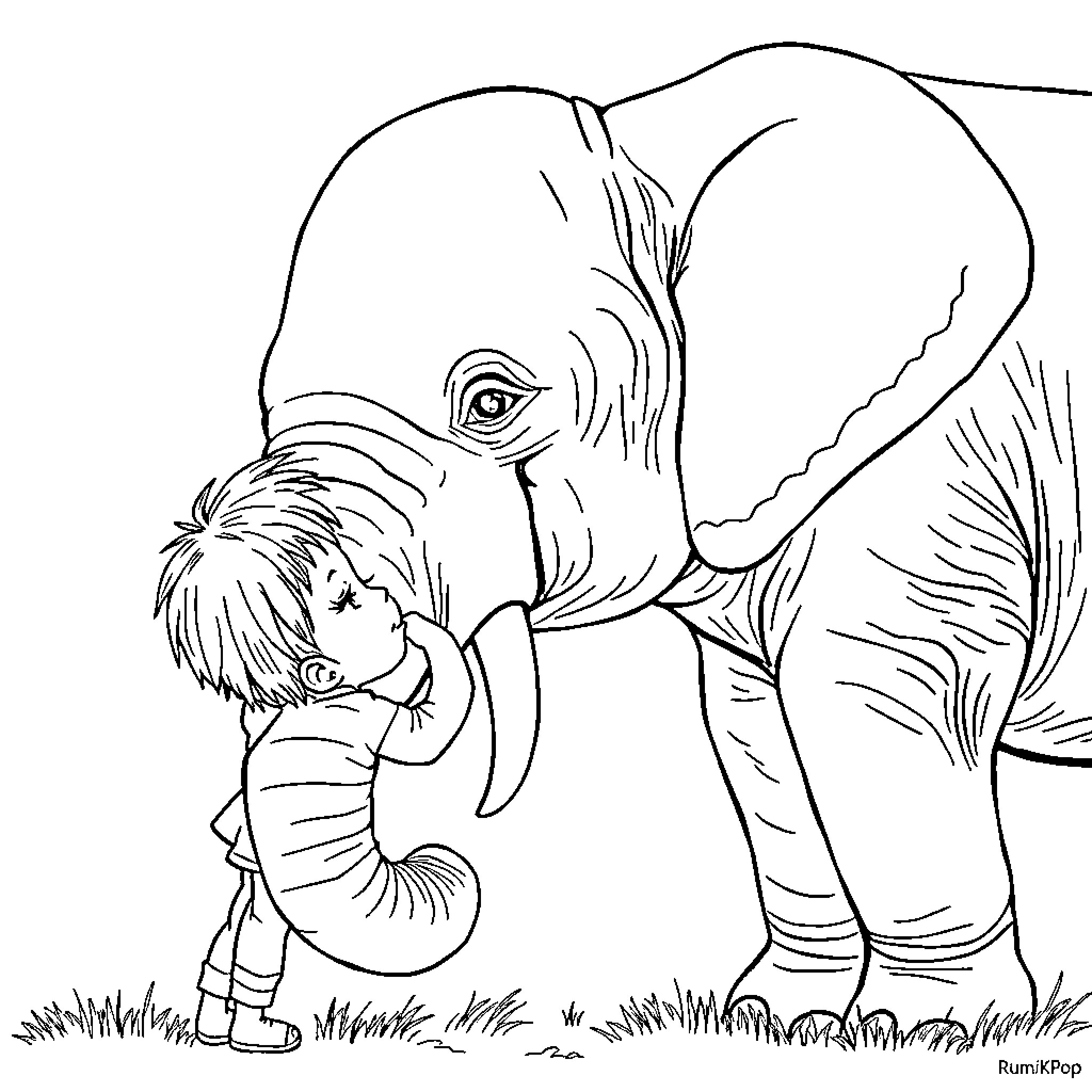 Rumi's Tender Embrace with Gentle Elephant Coloring Page (free black-and-white line drawing printable PDF for all, from beginners to advanced learners, including children, teens, adults, and seniors)