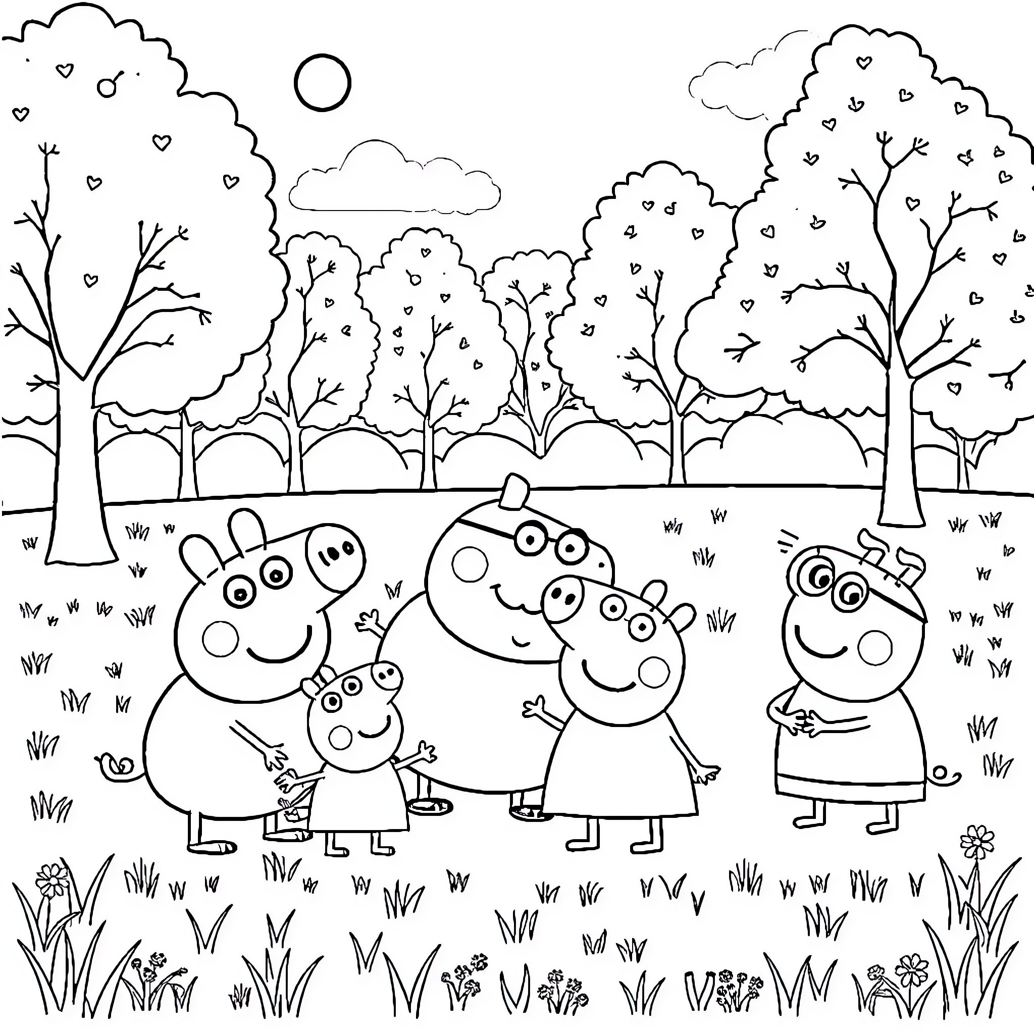 Pig family enjoying a day in the park Coloring Page (free black-and-white line drawing printable PDF for all, from beginners to advanced learners, including children, teens, adults, and seniors)