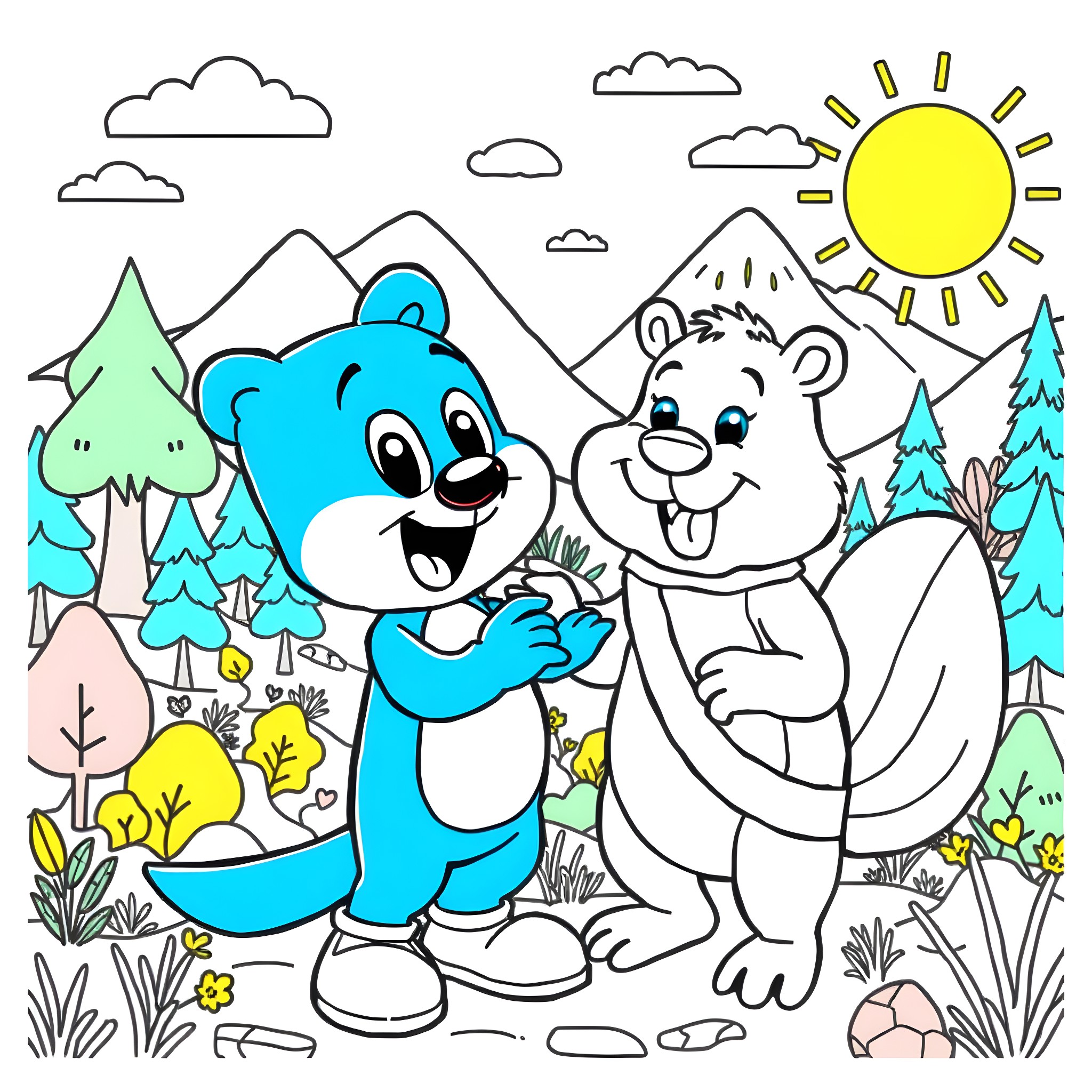 Bluey Bears Enjoying Outdoor Adventure Coloring Page (free black-and-white line drawing printable PDF for all, from beginners to advanced learners, including children, teens, adults, and seniors)
