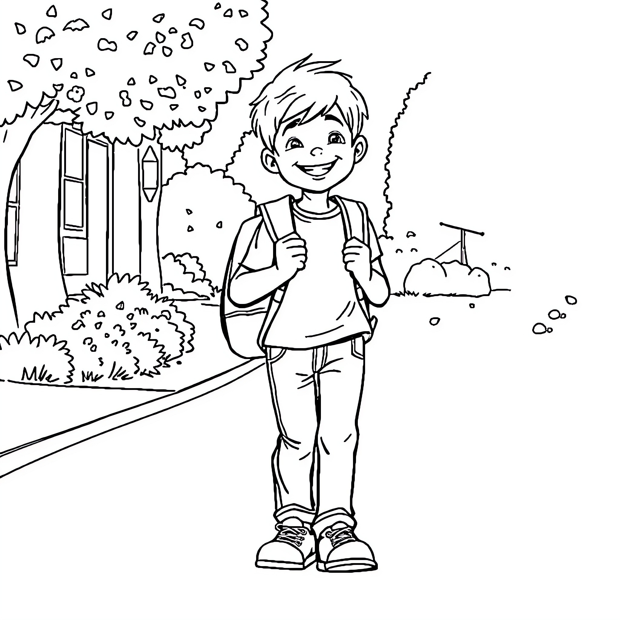 Boy walking happily on a path in nature Coloring Page (free black-and-white line drawing printable PDF for all, from beginners to advanced learners, including children, teens, adults, and seniors)
