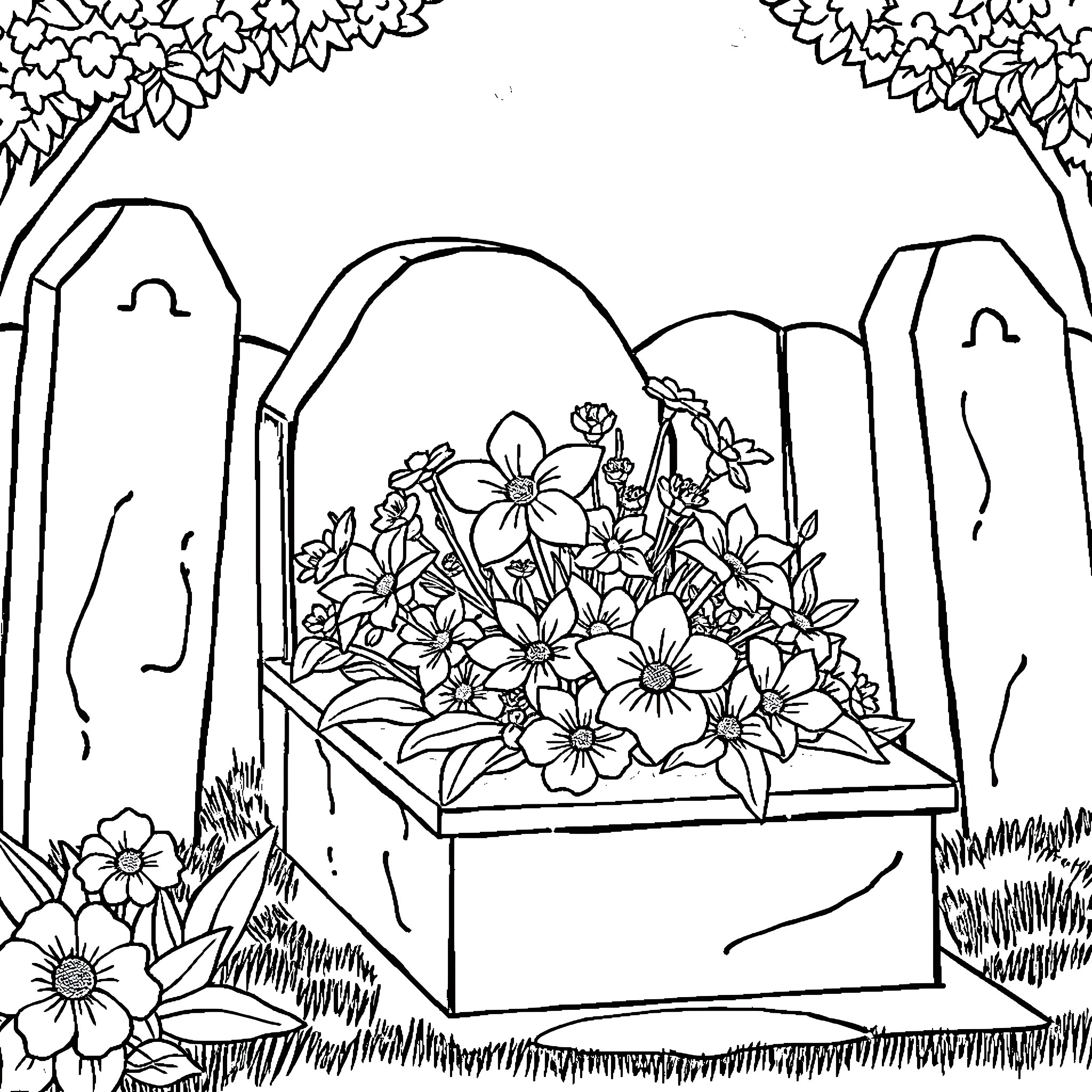 Flower Garden in an Outdoor Sanctuary Coloring Page (free black-and-white line drawing printable PDF for all, from beginners to advanced learners, including children, teens, adults, and seniors)