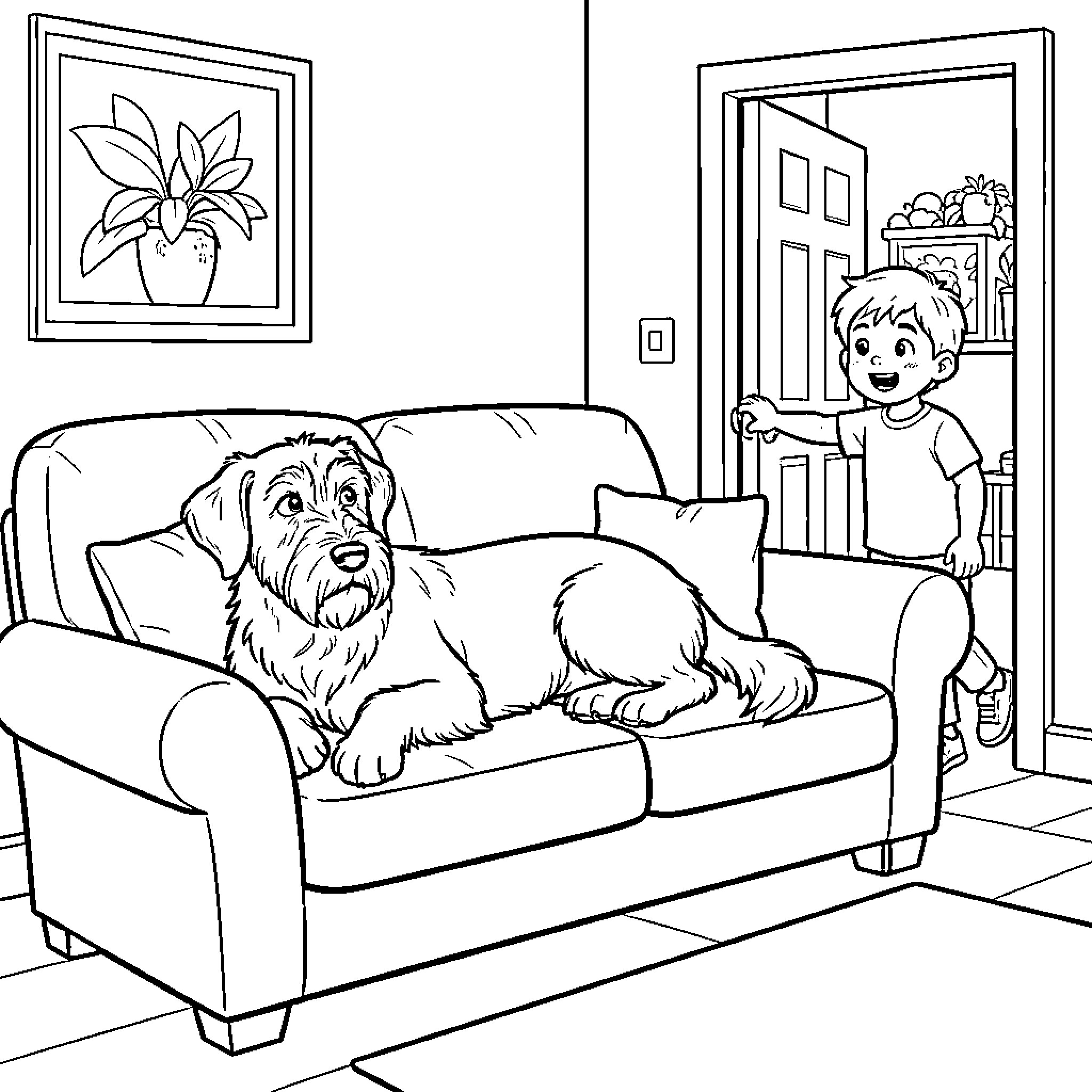 Schnauzer enjoying time with child in cozy home Coloring Page (free black-and-white line drawing printable PDF for all, from beginners to advanced learners, including children, teens, adults, and seniors)