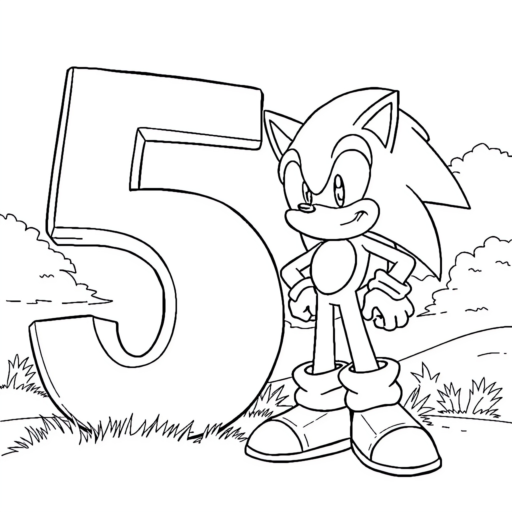 Sonic the Hedgehog celebrating number 5 Coloring Page (free black-and-white line drawing printable PDF for all, from beginners to advanced learners, including children, teens, adults, and seniors)