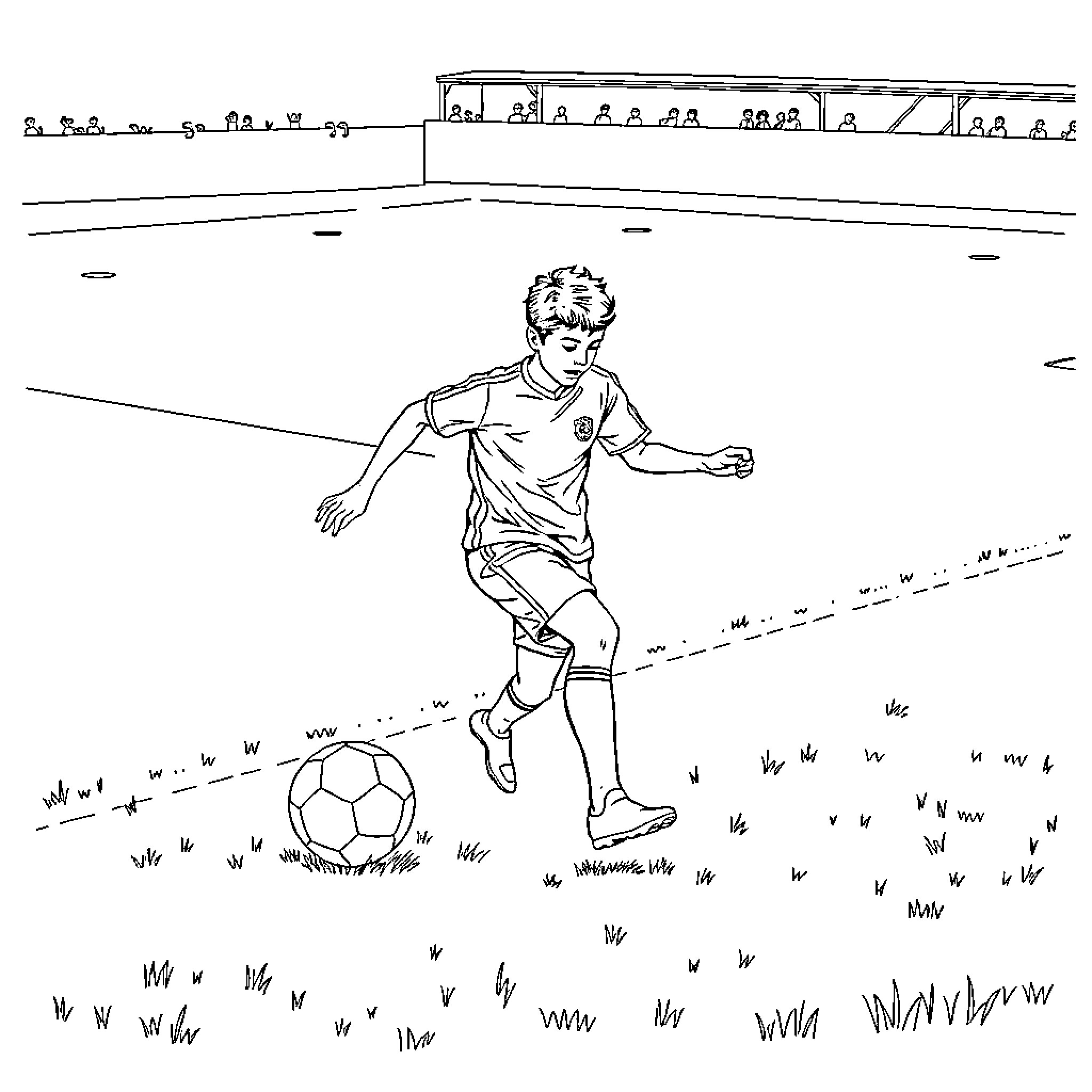 Football player dribbling ball on field Coloring Page (free black-and-white line drawing printable PDF for all, from beginners to advanced learners, including children, teens, adults, and seniors)