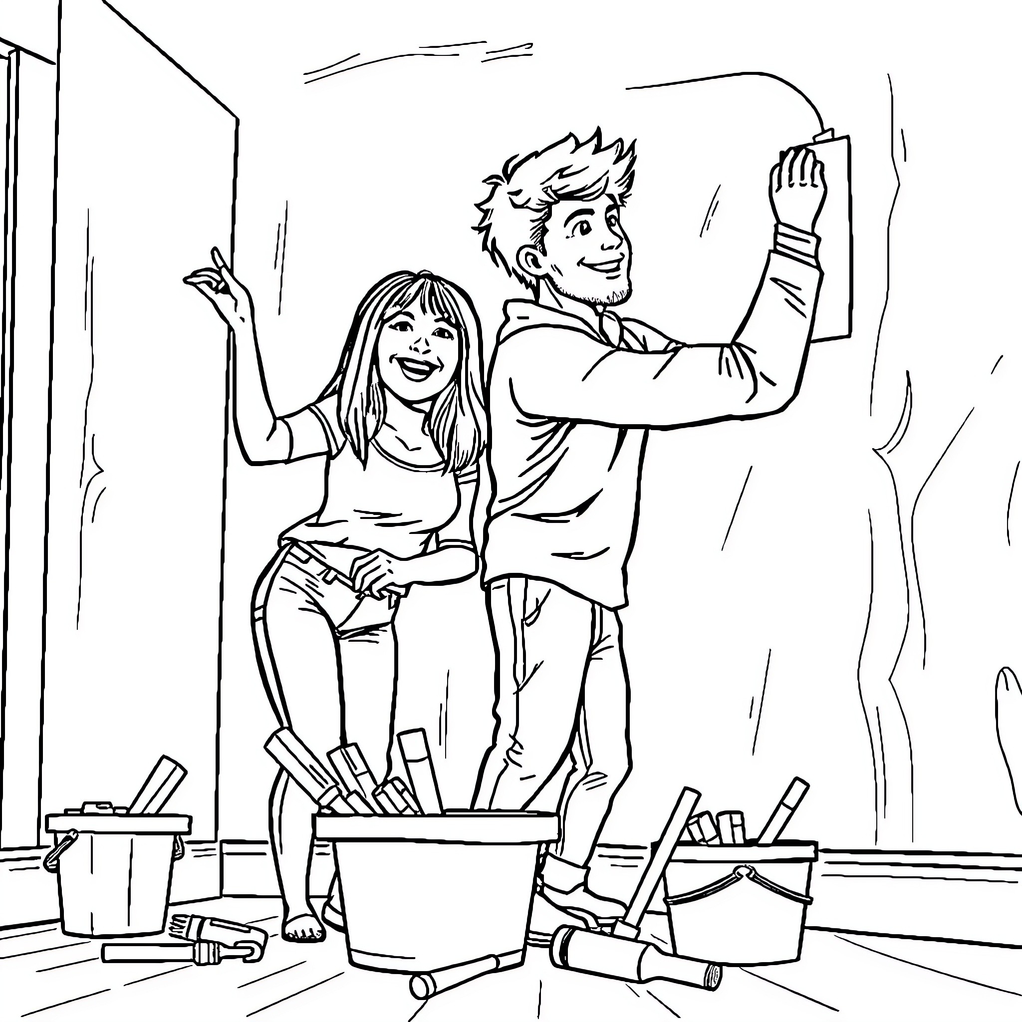 Couple Painting a Room Together Coloring Page (free black-and-white line drawing printable PDF for all, from beginners to advanced learners, including children, teens, adults, and seniors)