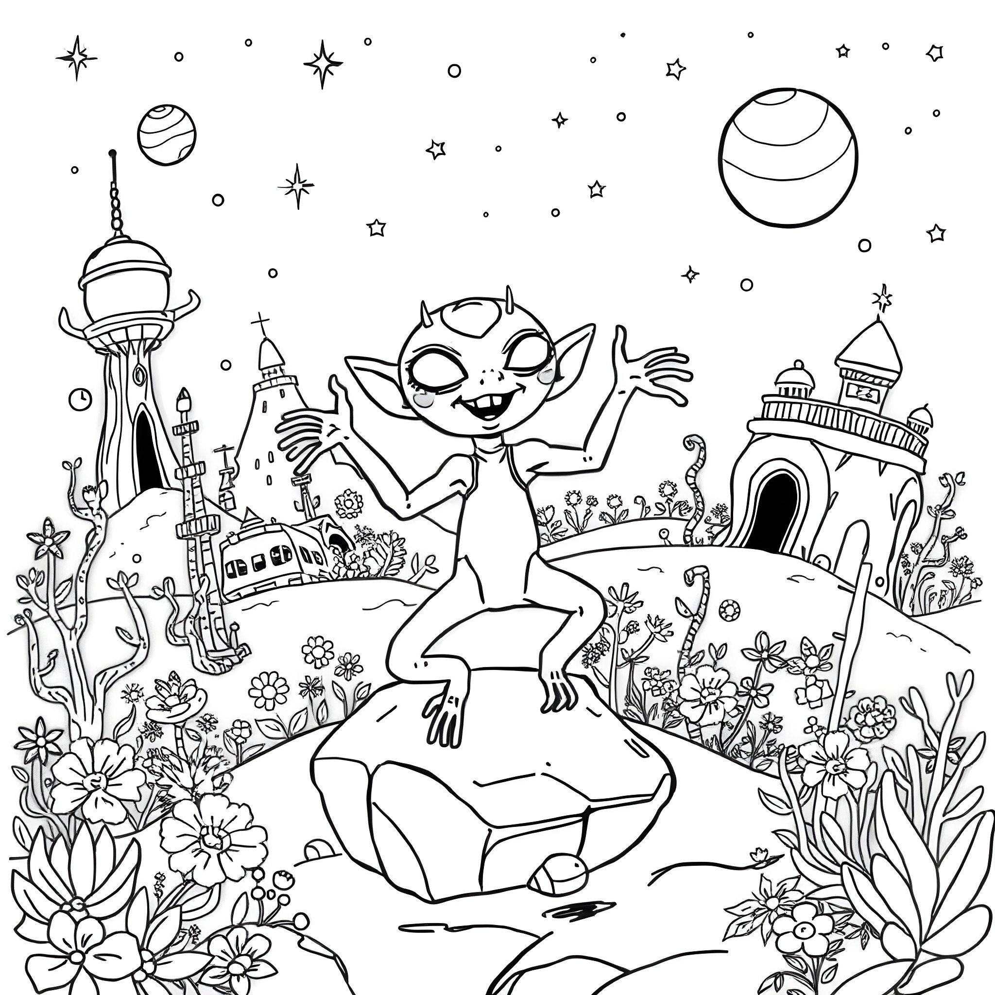 Alien creature exploring a whimsical cosmic landscape Coloring Page (free black-and-white line drawing printable PDF for all, from beginners to advanced learners, including children, teens, adults, and seniors)