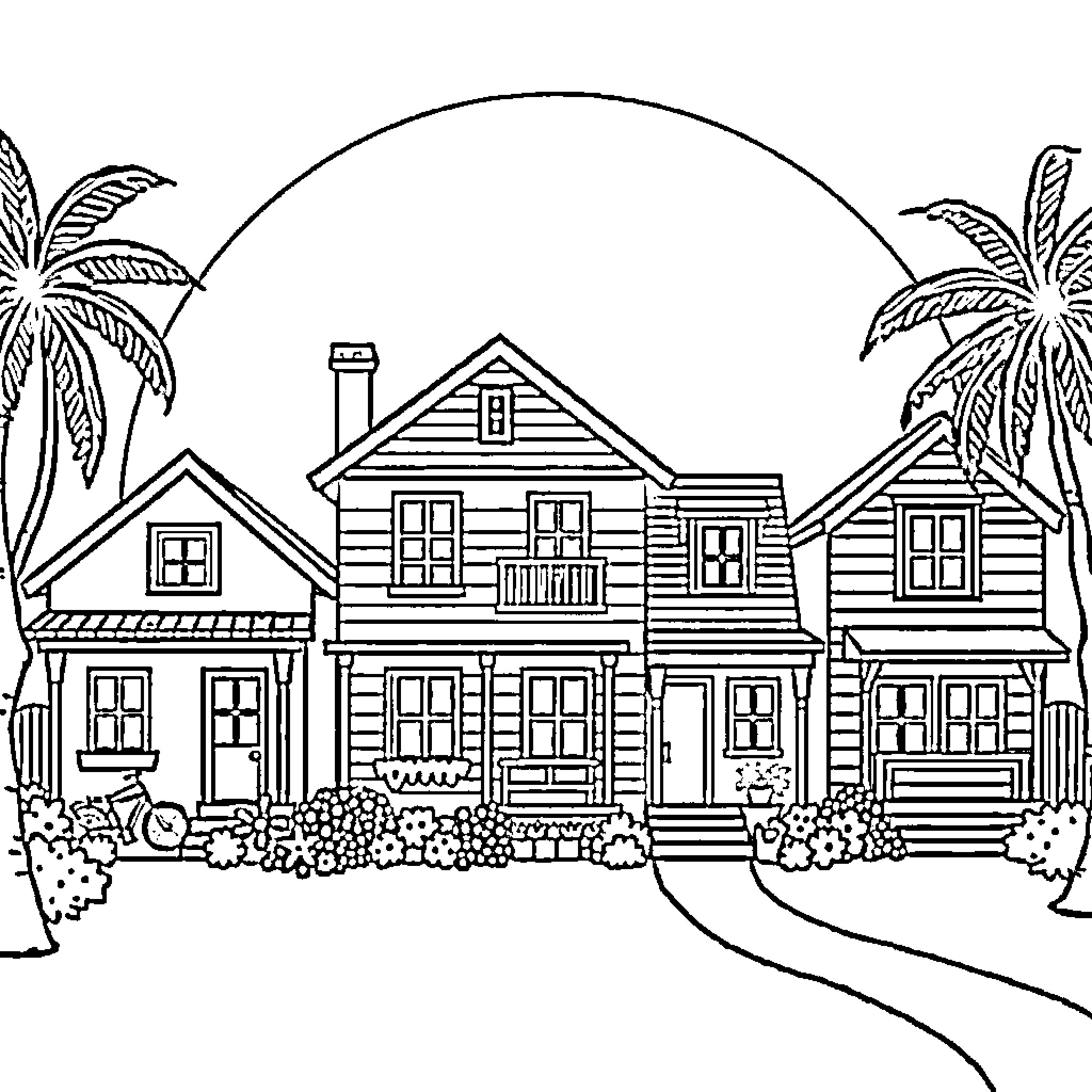 House on a tropical island with palm trees Coloring Page (free black-and-white line drawing printable PDF for all, from beginners to advanced learners, including children, teens, adults, and seniors)