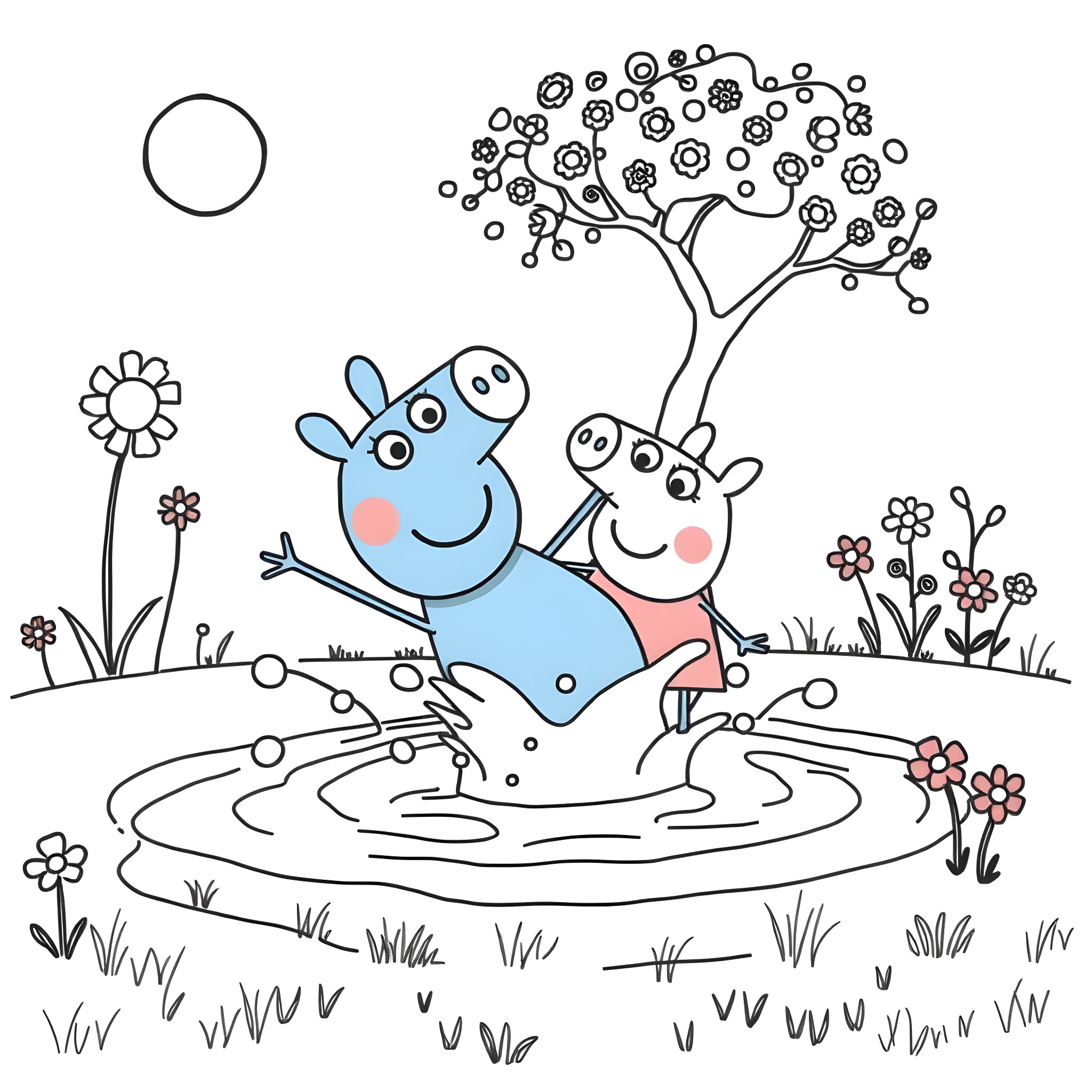 Bluey and friends playing happily in the nature Coloring Page (free black-and-white line drawing printable PDF for all, from beginners to advanced learners, including children, teens, adults, and seniors)