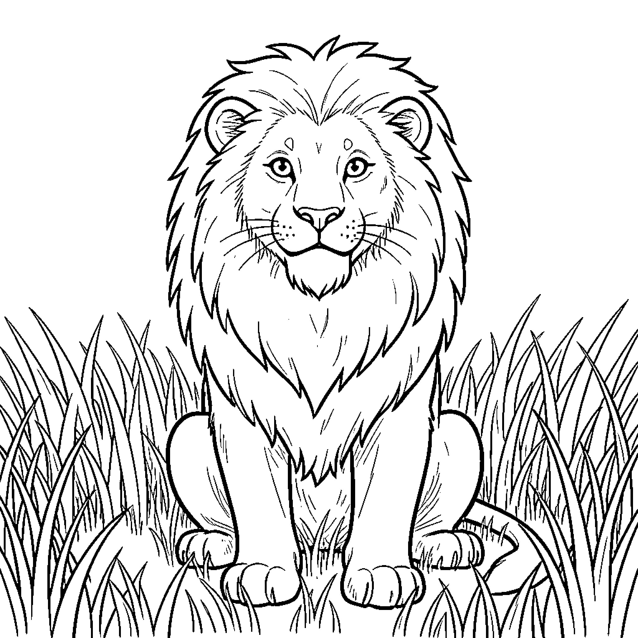 Lion sitting calmly in tall grass Coloring Page (free black-and-white line drawing printable PDF for all, from beginners to advanced learners, including children, teens, adults, and seniors)