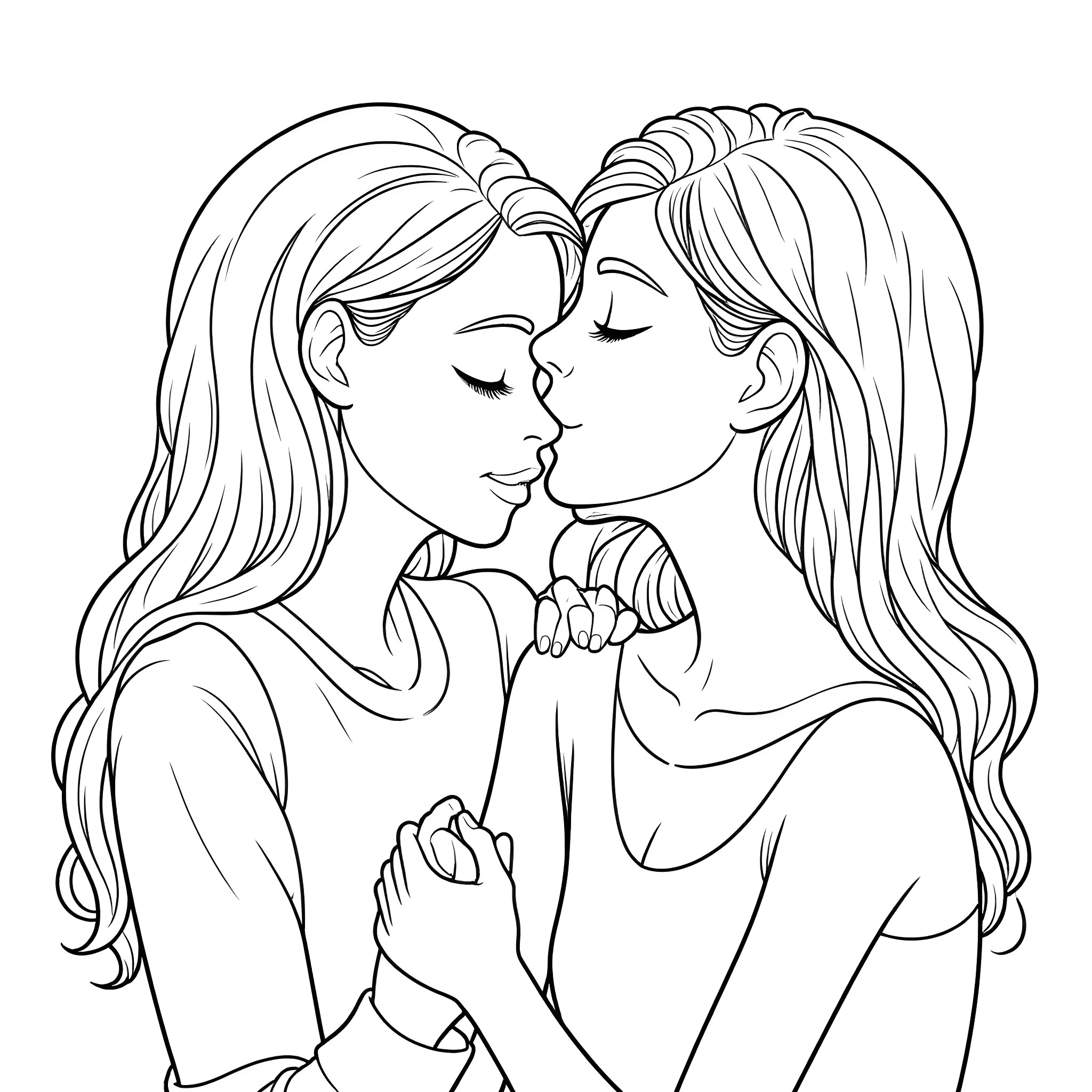 Lesbian couple intimately embracing and kissing Coloring Page (free black-and-white line drawing printable PDF for all, from beginners to advanced learners, including children, teens, adults, and seniors)