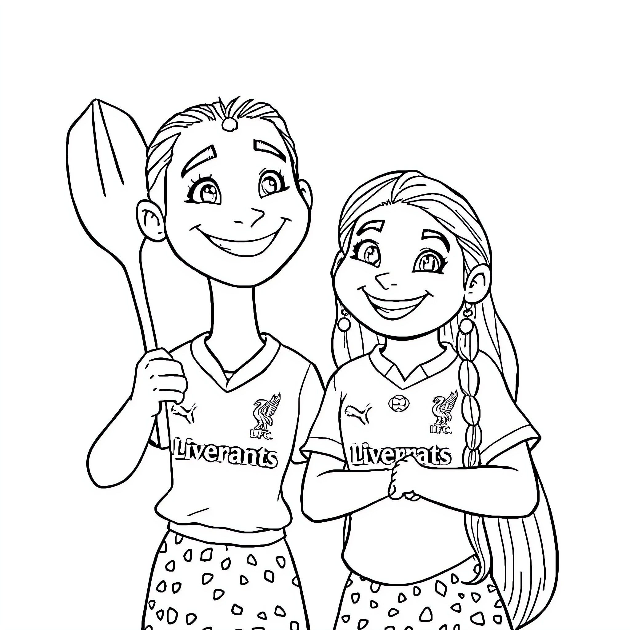 Moana and friend playing soccer together happily Coloring Page (free black-and-white line drawing printable PDF for all, from beginners to advanced learners, including children, teens, adults, and seniors)