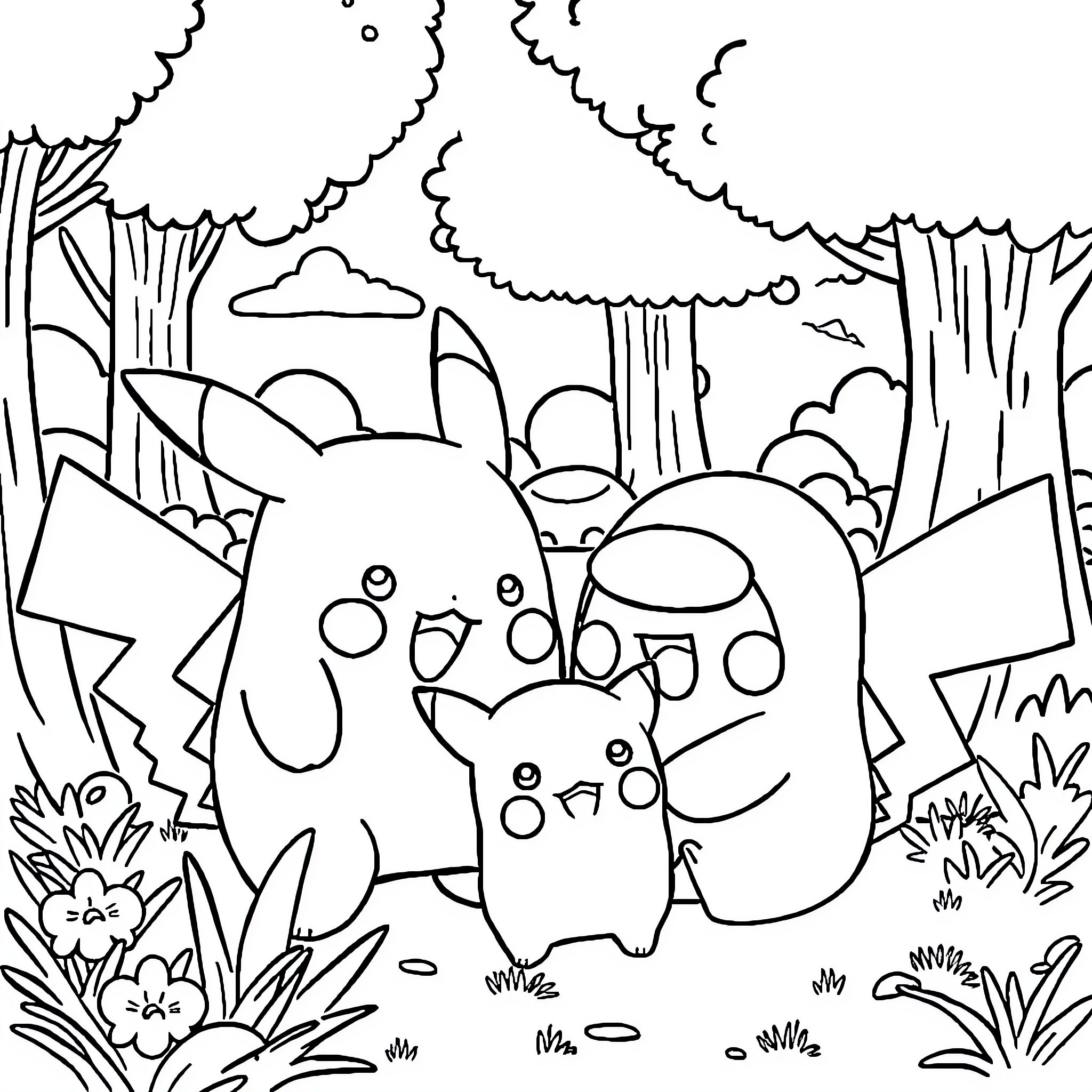 Among Us characters in a whimsical forest Coloring Page (free black-and-white line drawing printable PDF for all, from beginners to advanced learners, including children, teens, adults, and seniors)