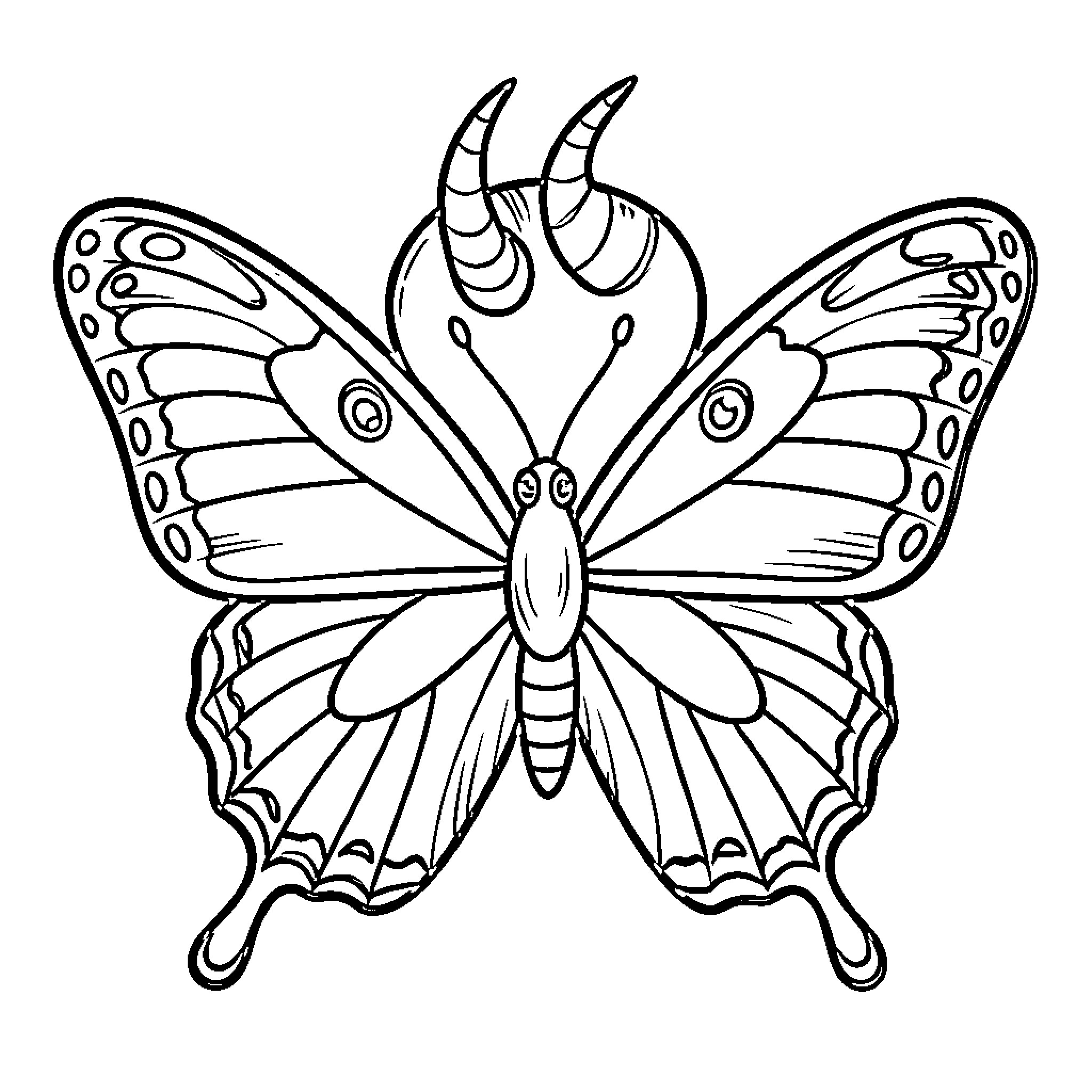 Unicorn Butterfly spreading its majestic wings Coloring Page (free black-and-white line drawing printable PDF for all, from beginners to advanced learners, including children, teens, adults, and seniors)