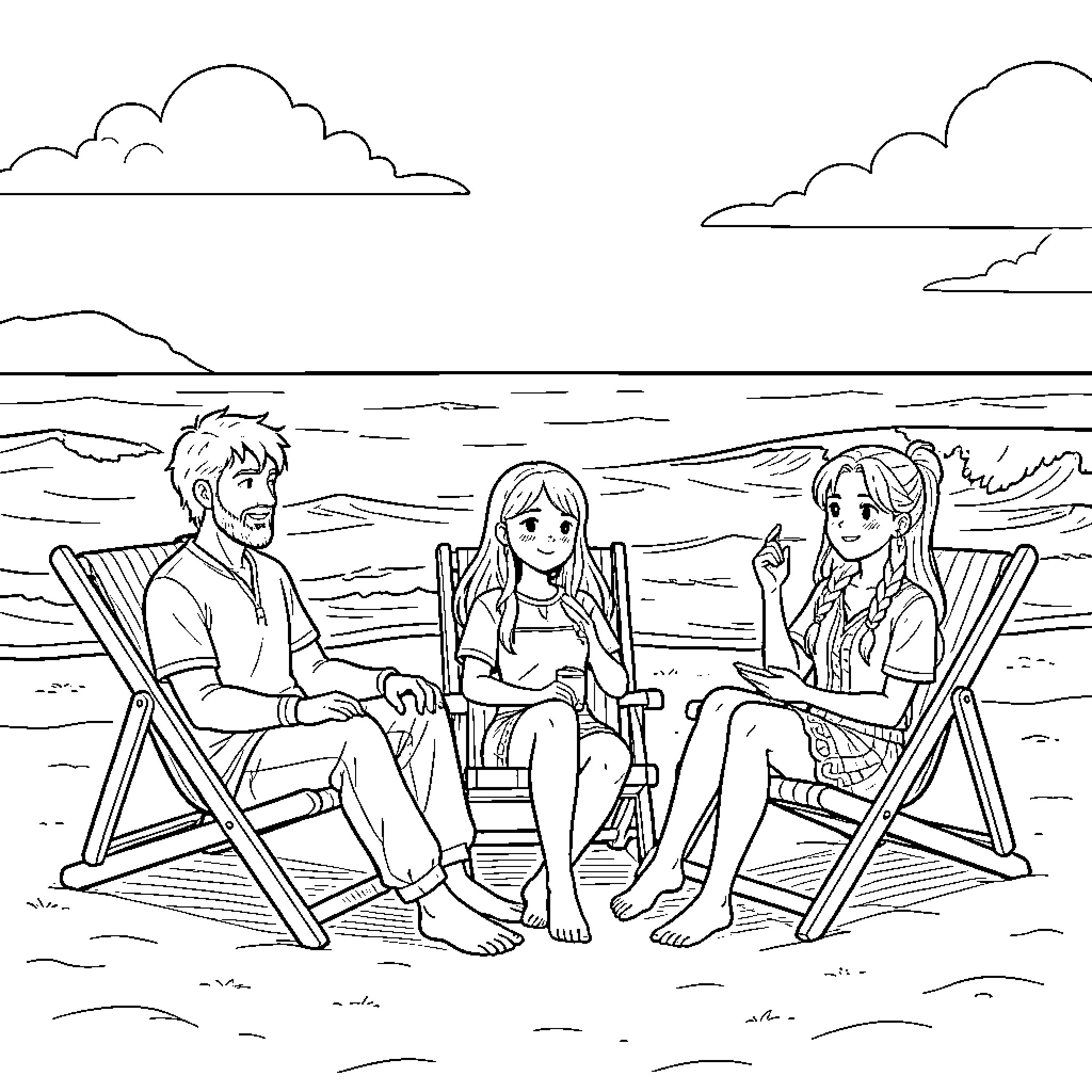 Kpop Demon Hunter relaxing on beach chairs Coloring Page (free black-and-white line drawing printable PDF for all, from beginners to advanced learners, including children, teens, adults, and seniors)