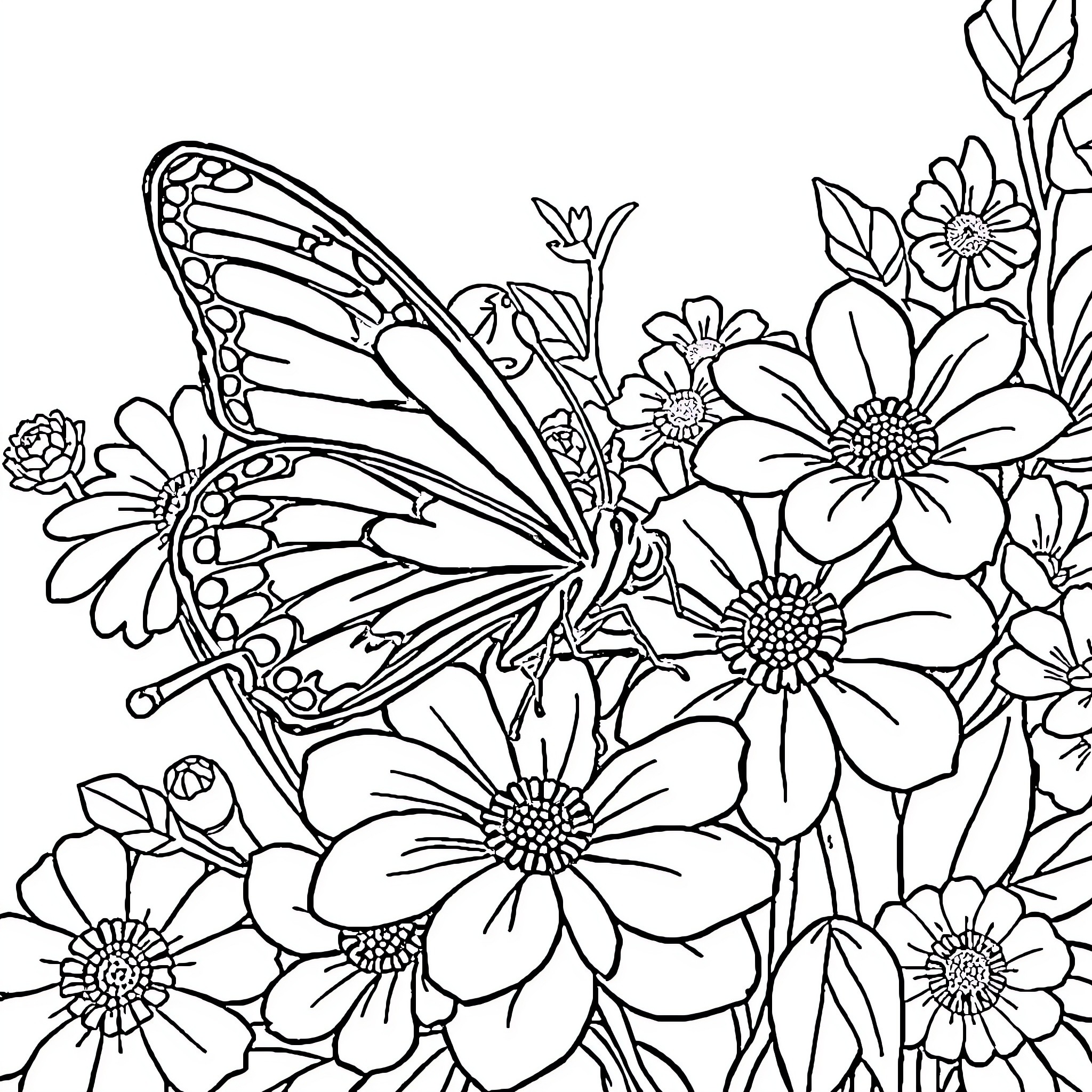 Butterfly amidst a floral garden Coloring Page (free black-and-white line drawing printable PDF for all, from beginners to advanced learners, including children, teens, adults, and seniors)