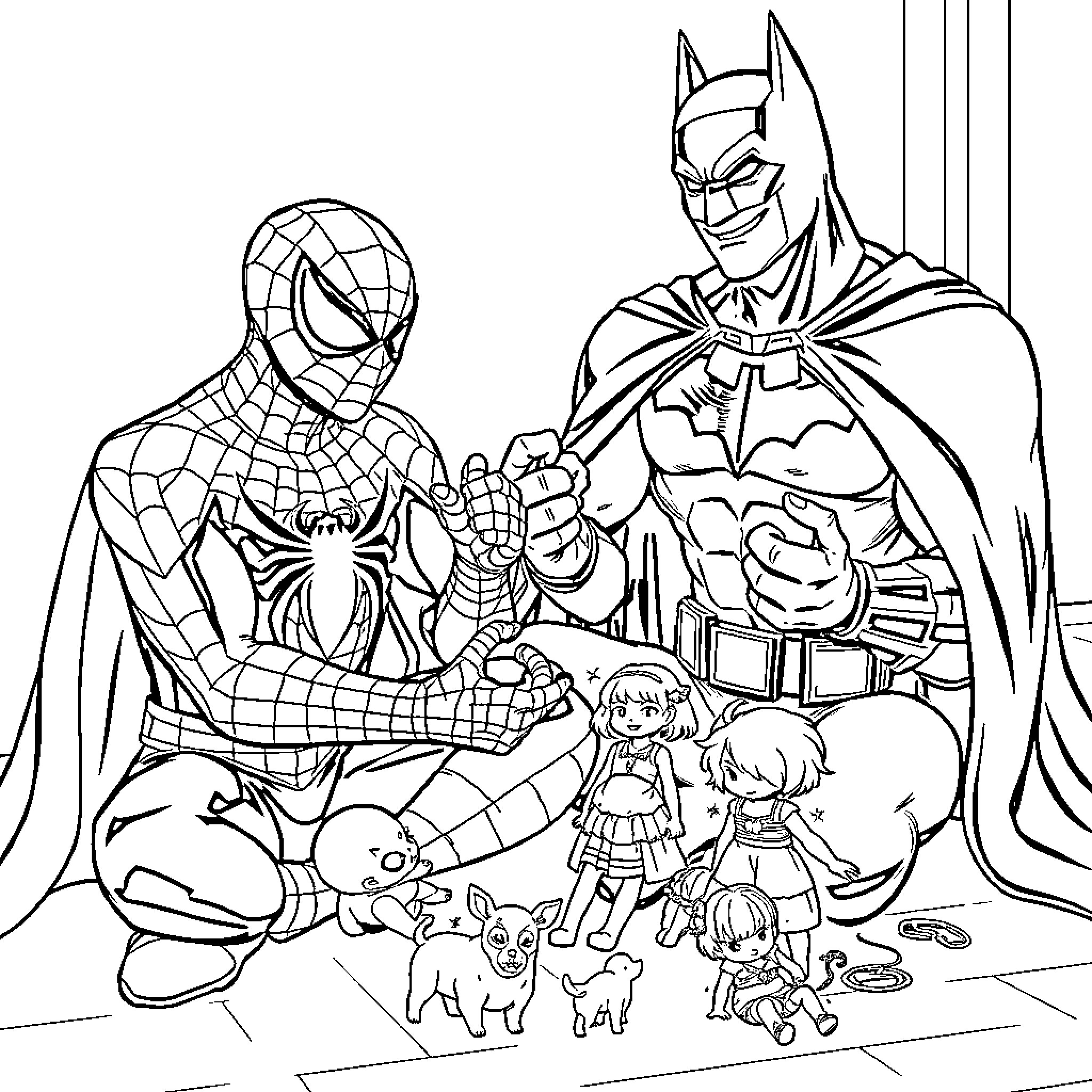 Spiderman and Batman Protecting Children and Pets Coloring Page (free black-and-white line drawing printable PDF for all, from beginners to advanced learners, including children, teens, adults, and seniors)