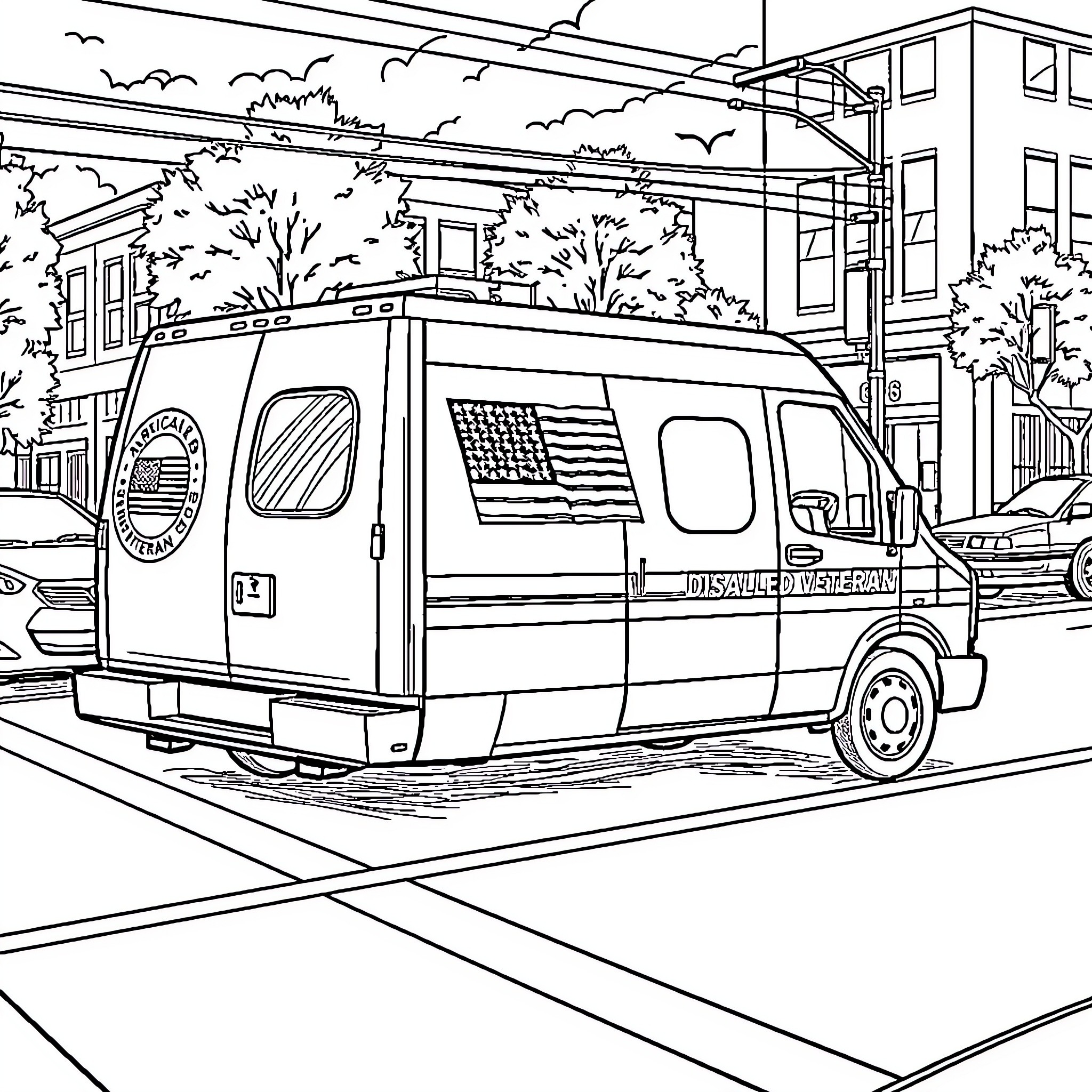 Van delivers packages on city street Coloring Page (free black-and-white line drawing printable PDF for all, from beginners to advanced learners, including children, teens, adults, and seniors)