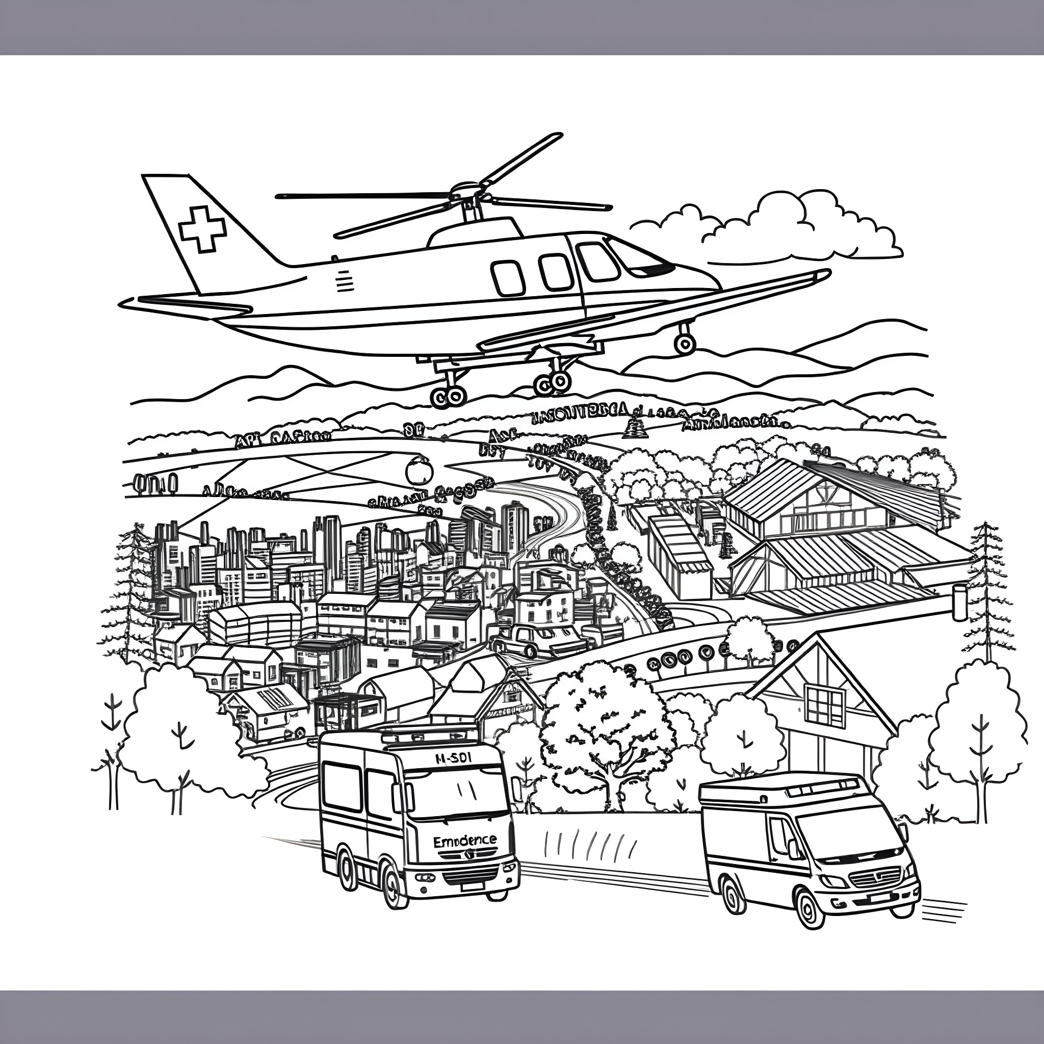 Air Ambulance Responding to Emergency Situation Coloring Page (free black-and-white line drawing printable PDF for all, from beginners to advanced learners, including children, teens, adults, and seniors)