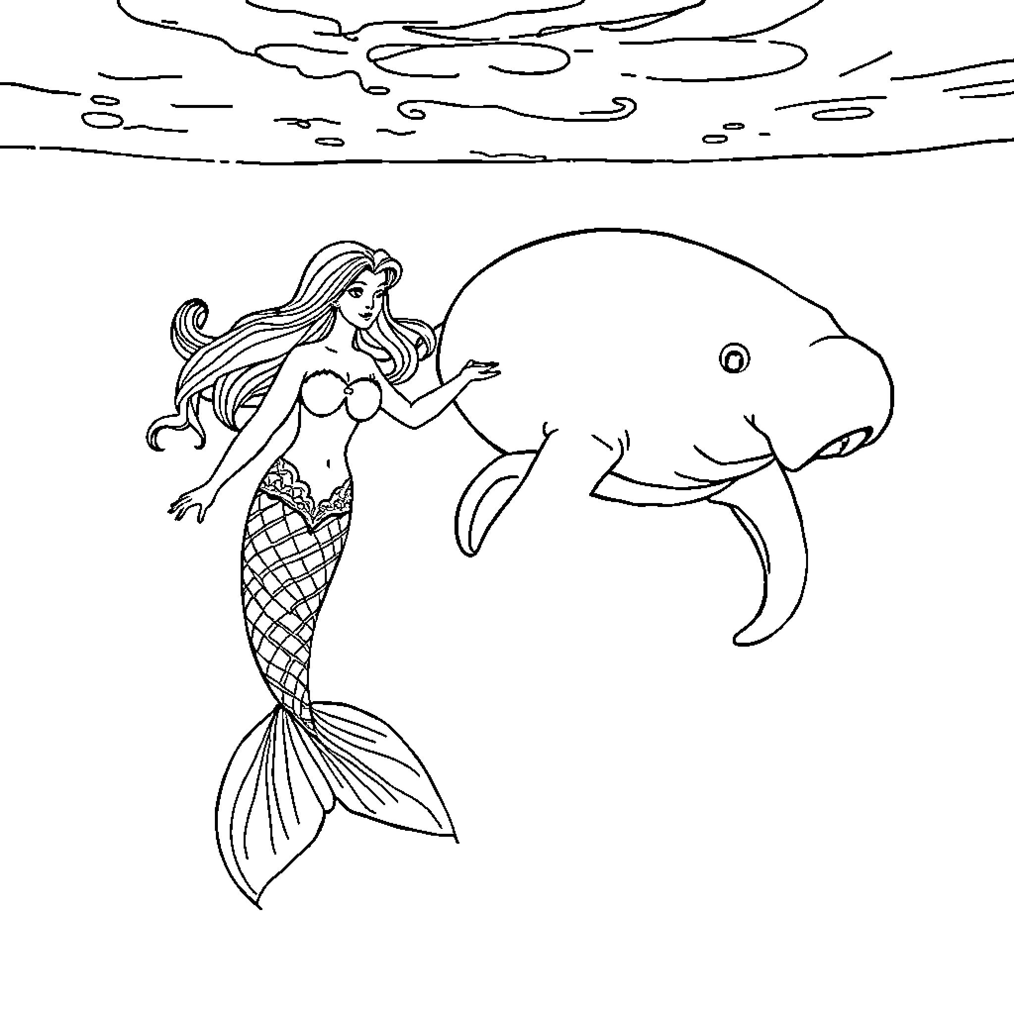 Mermaid interacting with friendly sea creature Coloring Page (free black-and-white line drawing printable PDF for all, from beginners to advanced learners, including children, teens, adults, and seniors)