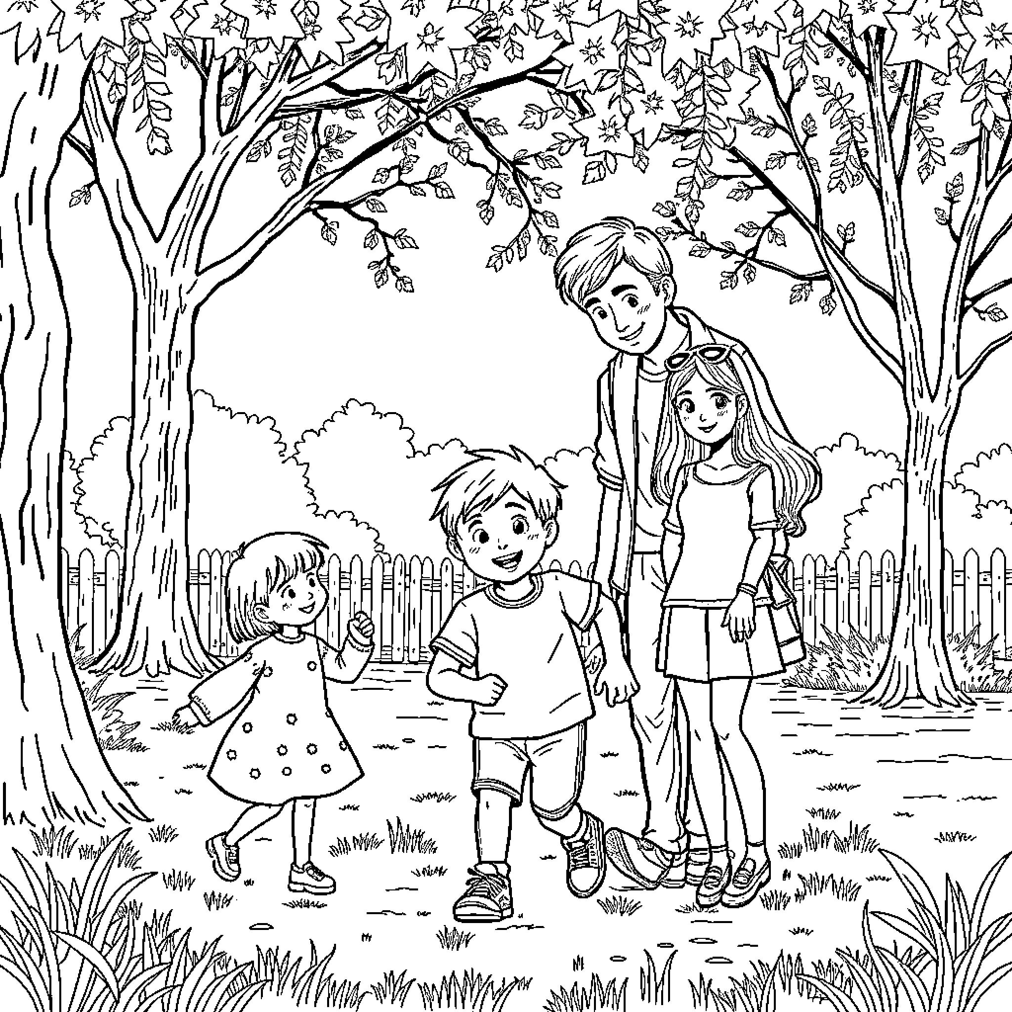 Kid playing with friends in the park Coloring Page (free black-and-white line drawing printable PDF for all, from beginners to advanced learners, including children, teens, adults, and seniors)