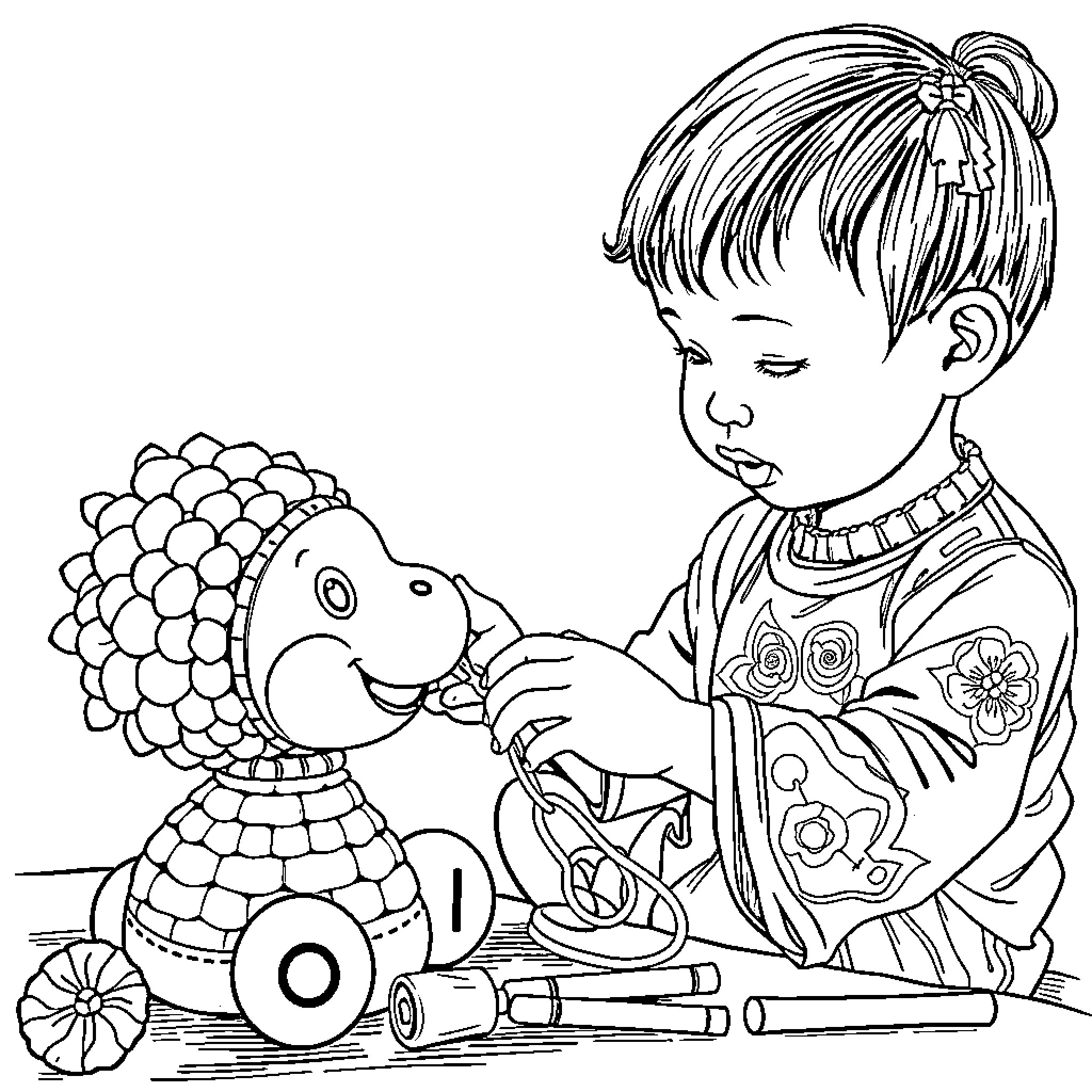 Labubu playing with colorful toys Coloring Page (free black-and-white line drawing printable PDF for all, from beginners to advanced learners, including children, teens, adults, and seniors)
