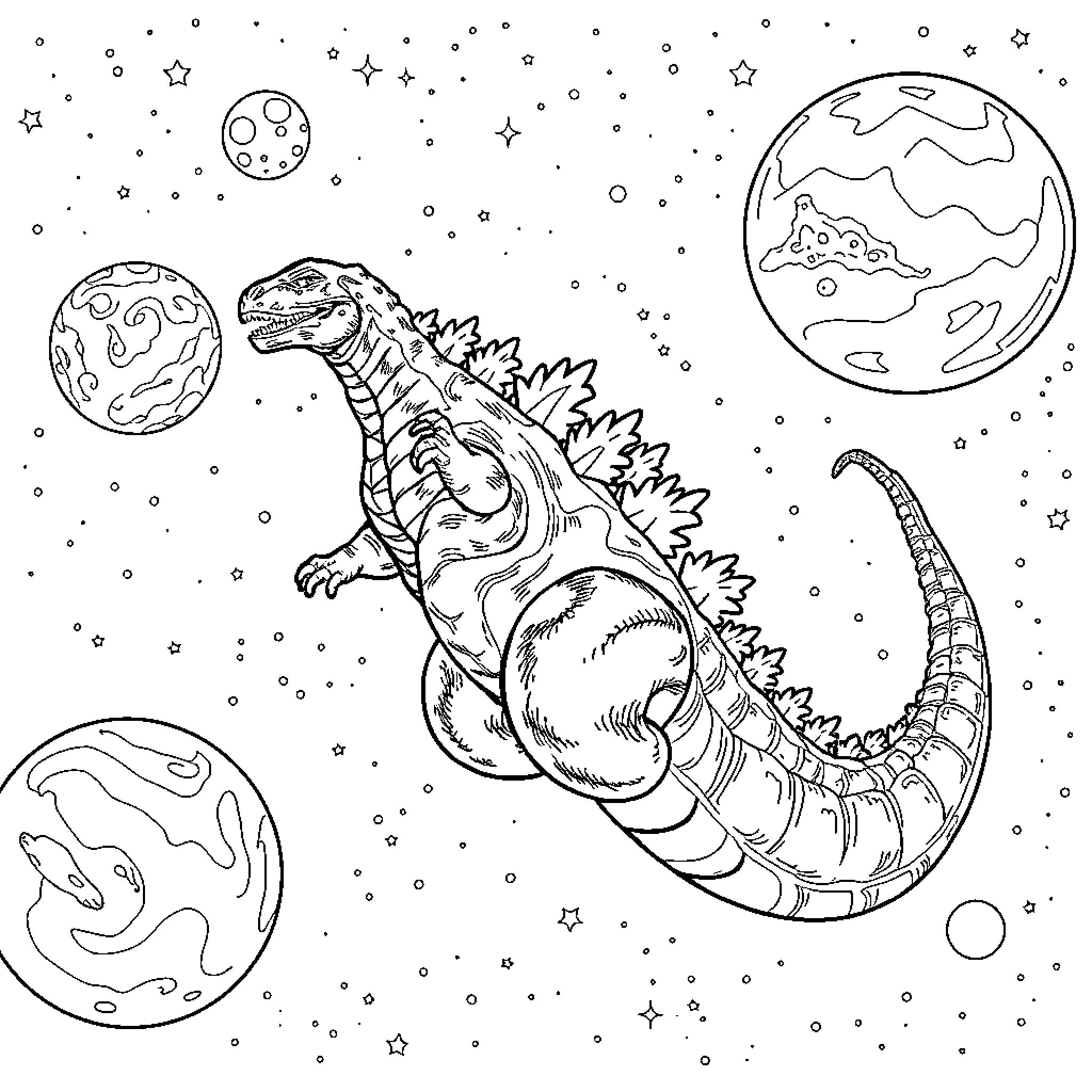 Godzilla battles through the cosmic abyss Coloring Page (free black-and-white line drawing printable PDF for all, from beginners to advanced learners, including children, teens, adults, and seniors)