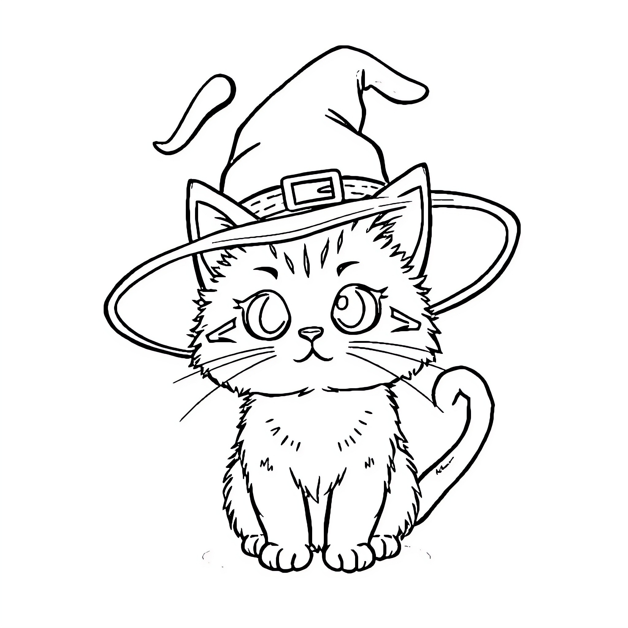 Cat in Witch's Hat Coloring Page (free black-and-white line drawing printable PDF for all, from beginners to advanced learners, including children, teens, adults, and seniors)