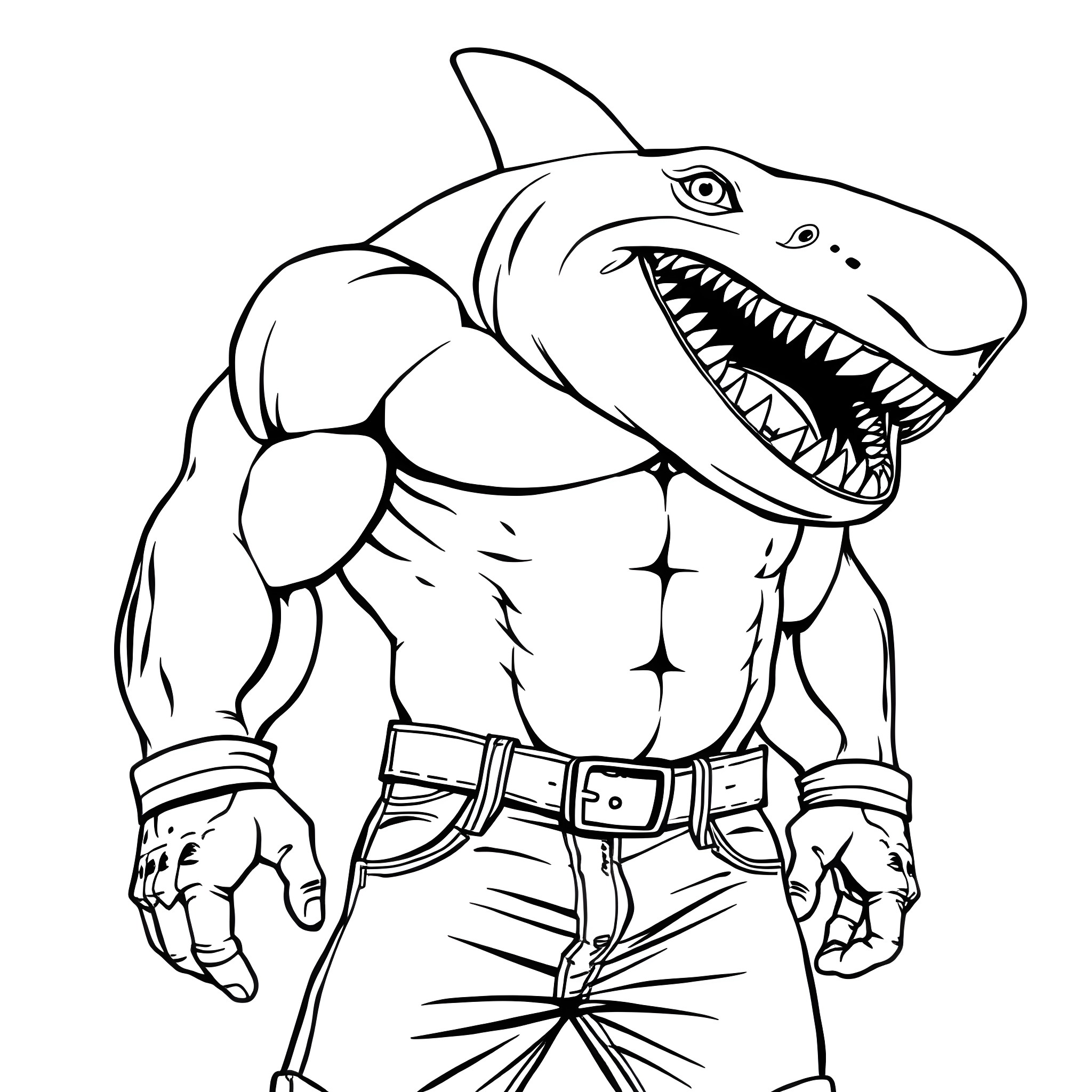 Shark with muscular body and fierce expression Coloring Page (free black-and-white line drawing printable PDF for all, from beginners to advanced learners, including children, teens, adults, and seniors)