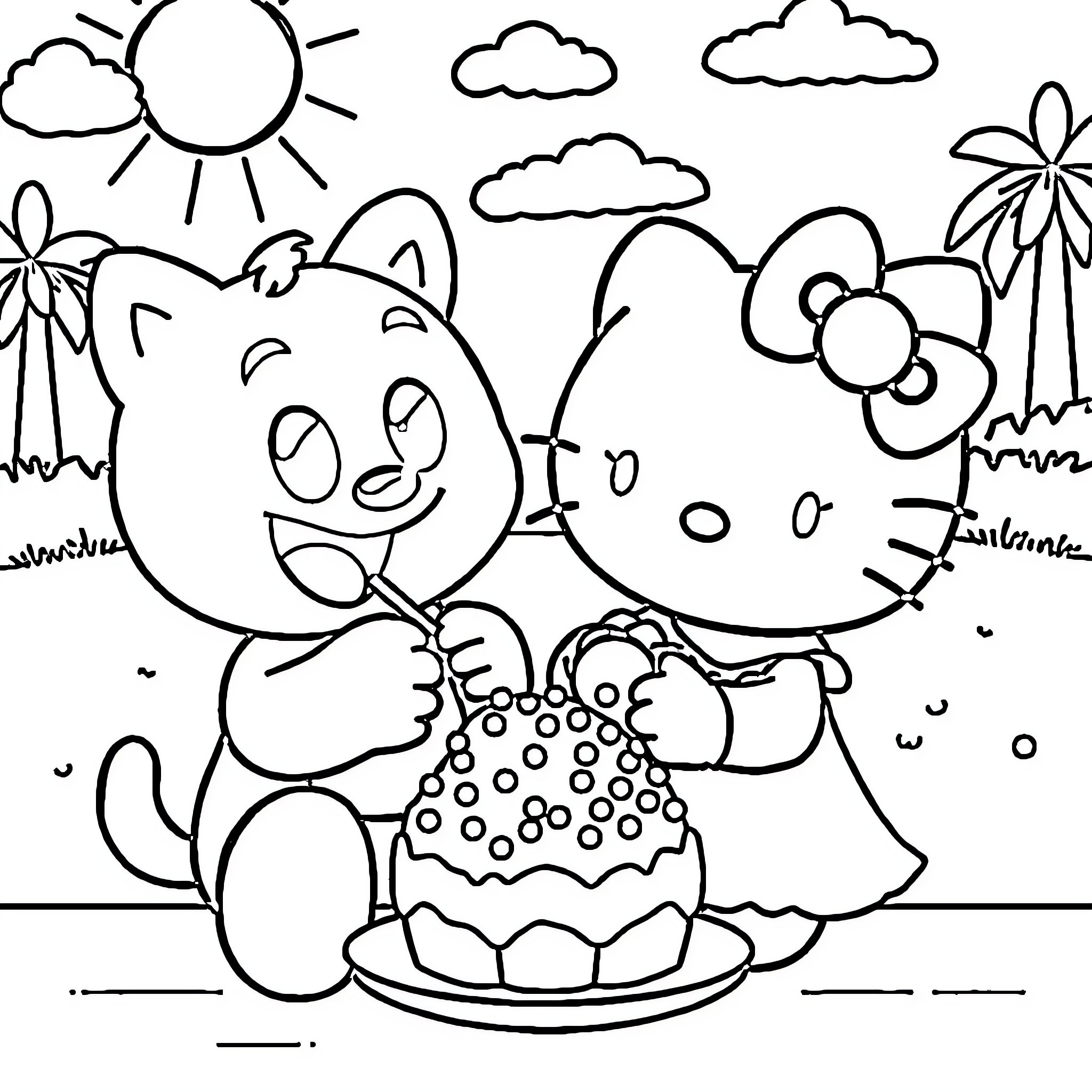 Bluey and Hello Kitty enjoying a sunny day Coloring Page (free black-and-white line drawing printable PDF for all, from beginners to advanced learners, including children, teens, adults, and seniors)