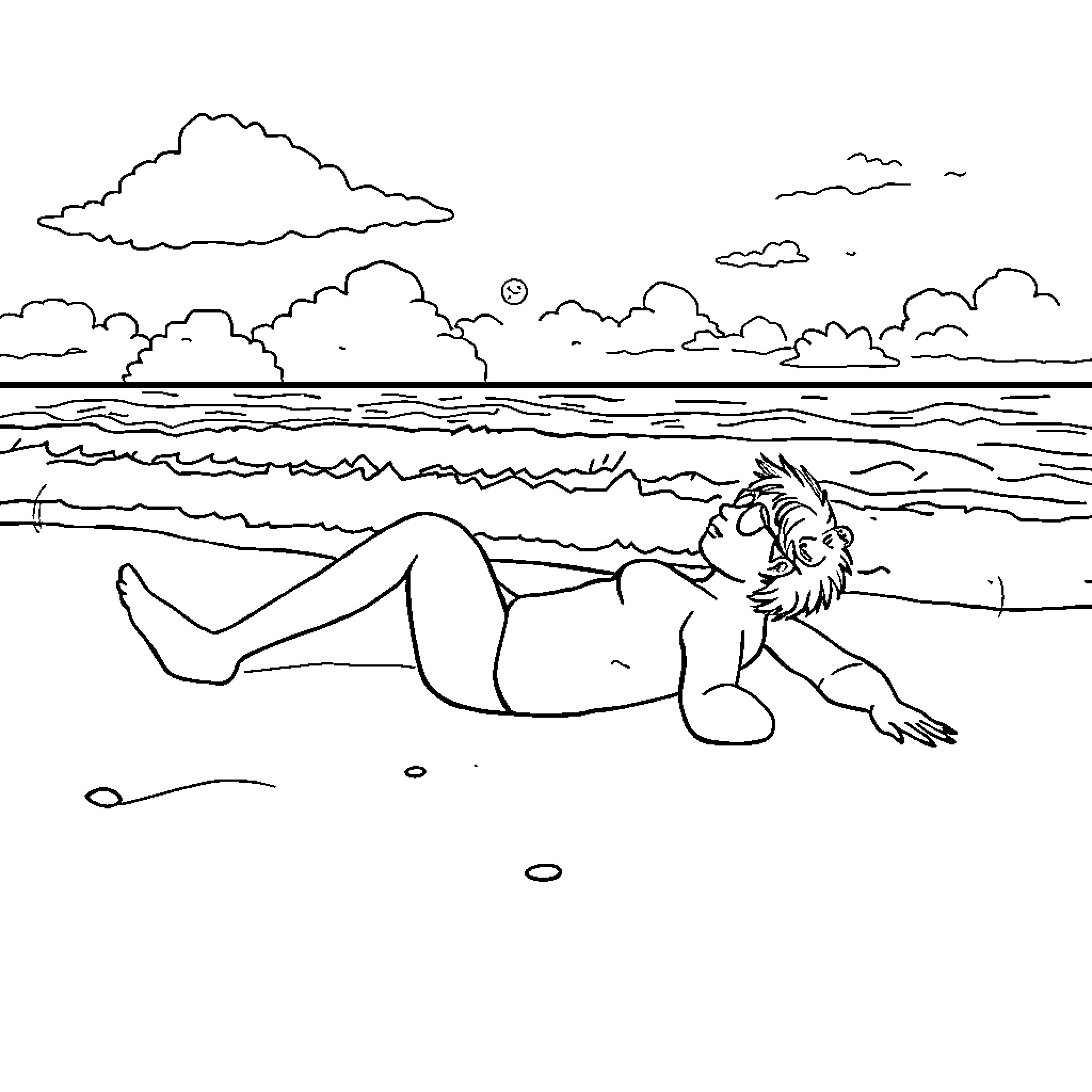 Snorlax relaxing on the beach Coloring Page (free black-and-white line drawing printable PDF for all, from beginners to advanced learners, including children, teens, adults, and seniors)