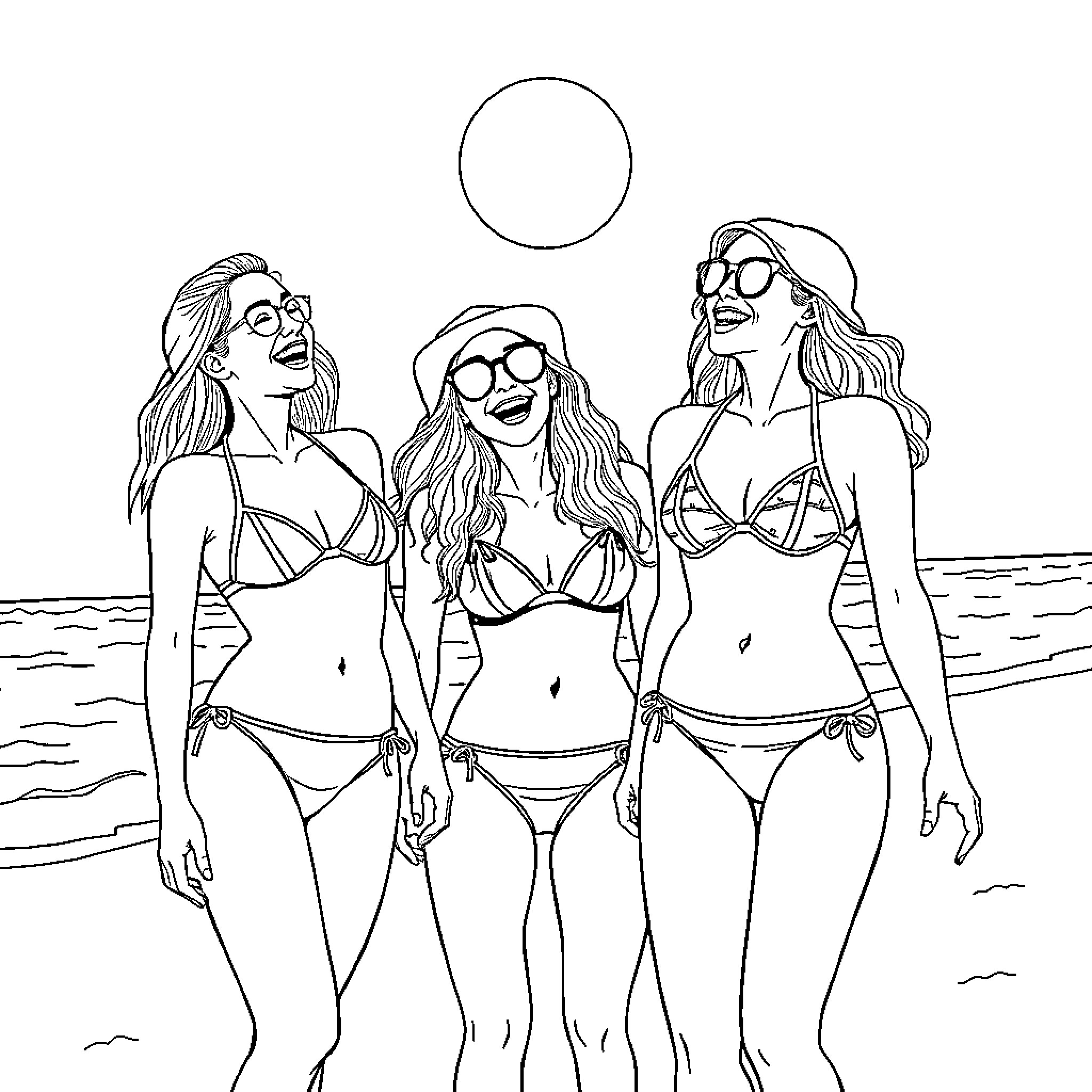 Teen Girls Enjoying a Beach Day Coloring Page (free black-and-white line drawing printable PDF for all, from beginners to advanced learners, including children, teens, adults, and seniors)