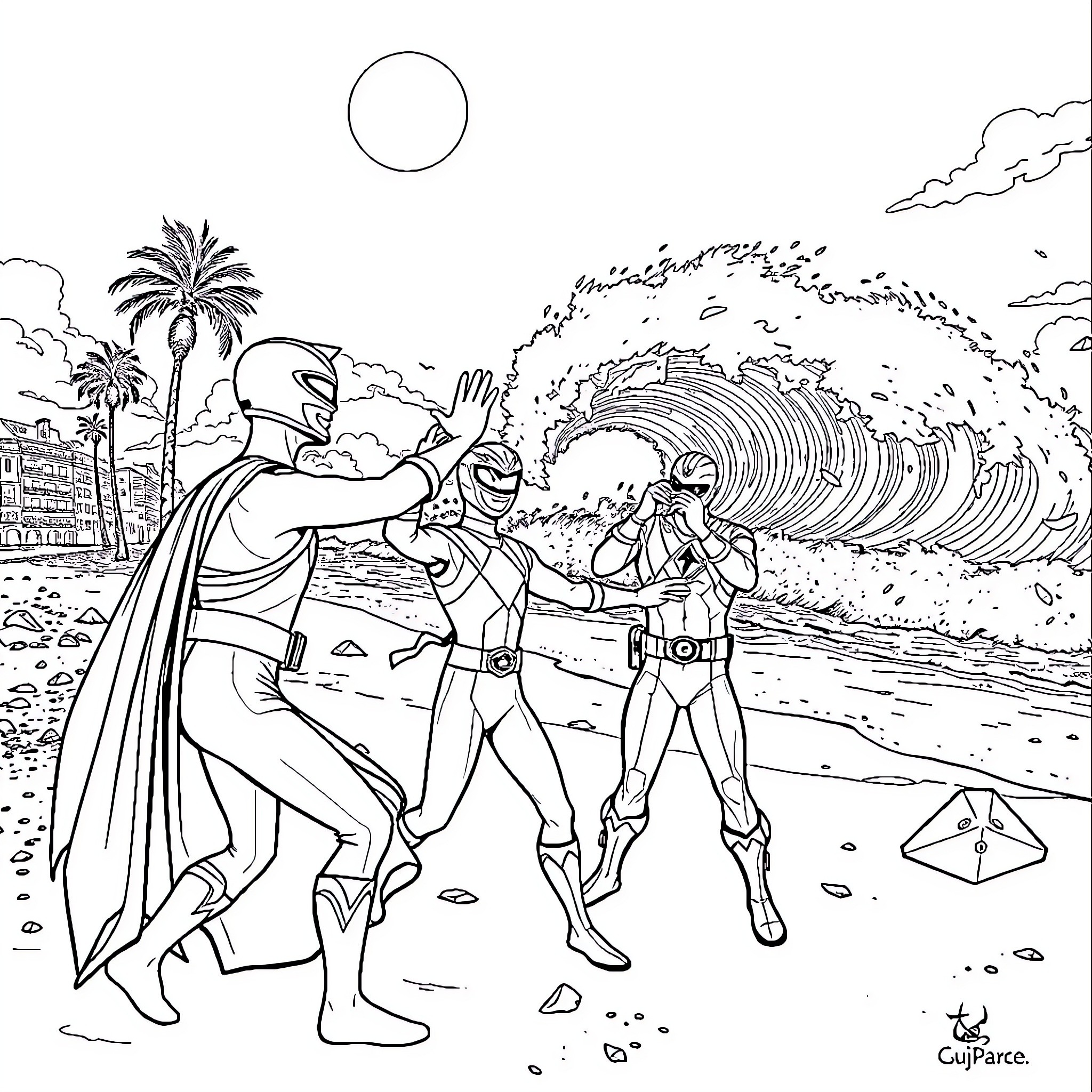 Power Rangers Fighting Villains on the Beach Coloring Page (free black-and-white line drawing printable PDF for all, from beginners to advanced learners, including children, teens, adults, and seniors)