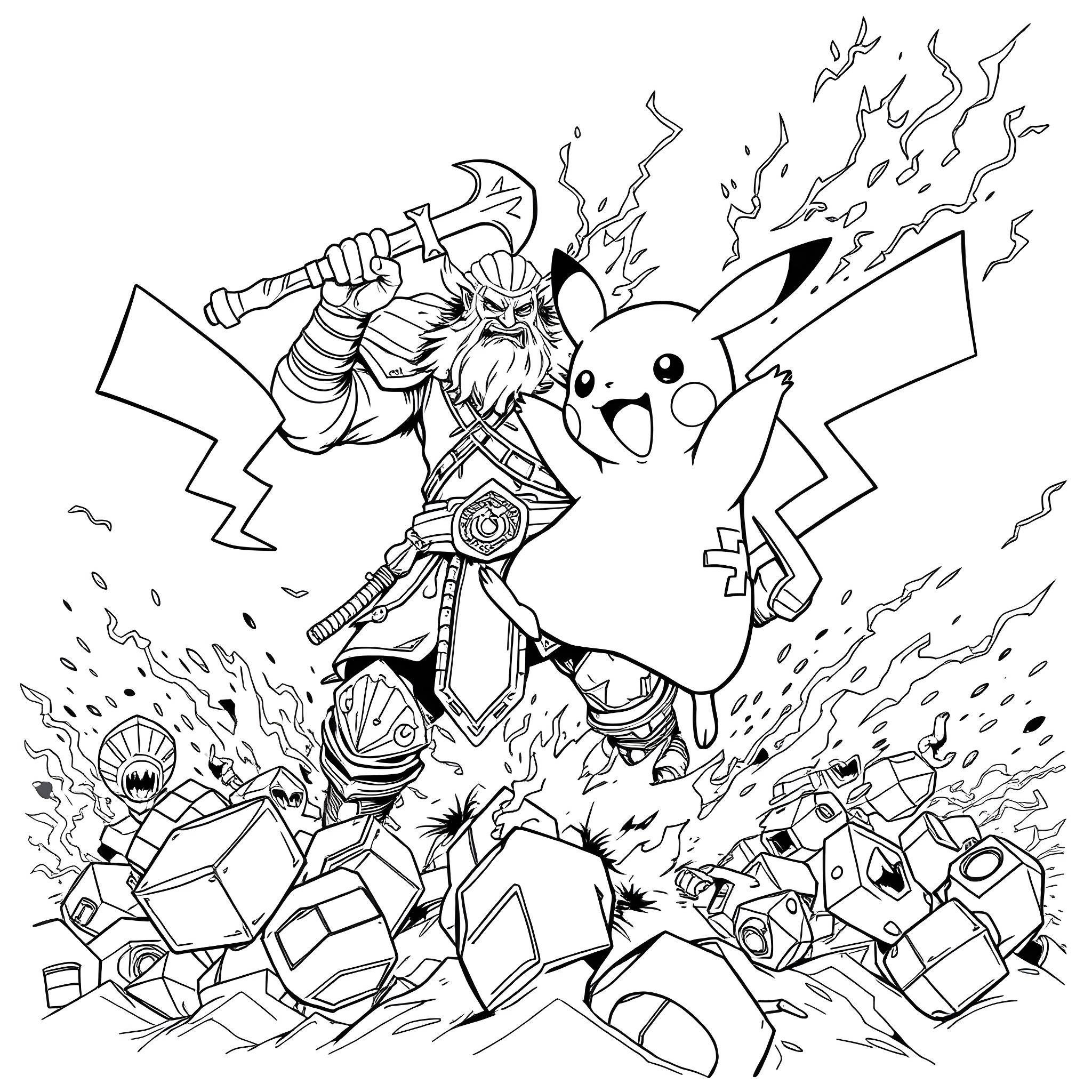 Pikachu and a warrior battling against robots Coloring Page (free black-and-white line drawing printable PDF for all, from beginners to advanced learners, including children, teens, adults, and seniors)