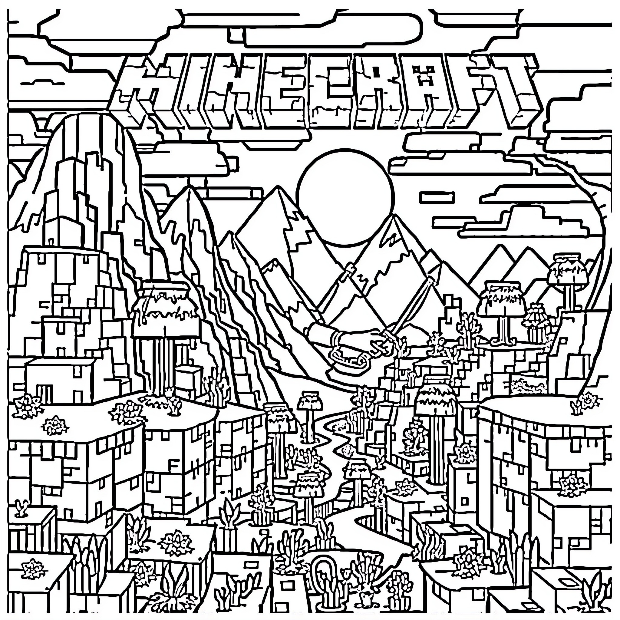 Minecraft Landscape with Mountainous Terrain and Buildings Coloring Page (free black-and-white line drawing printable PDF for all, from beginners to advanced learners, including children, teens, adults, and seniors)