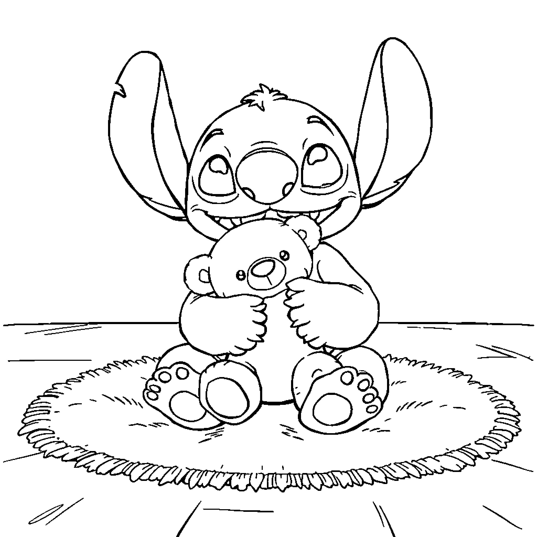 Stitch hugging a plush toy in a grassy field Coloring Page (free black-and-white line drawing printable PDF for all, from beginners to advanced learners, including children, teens, adults, and seniors)
