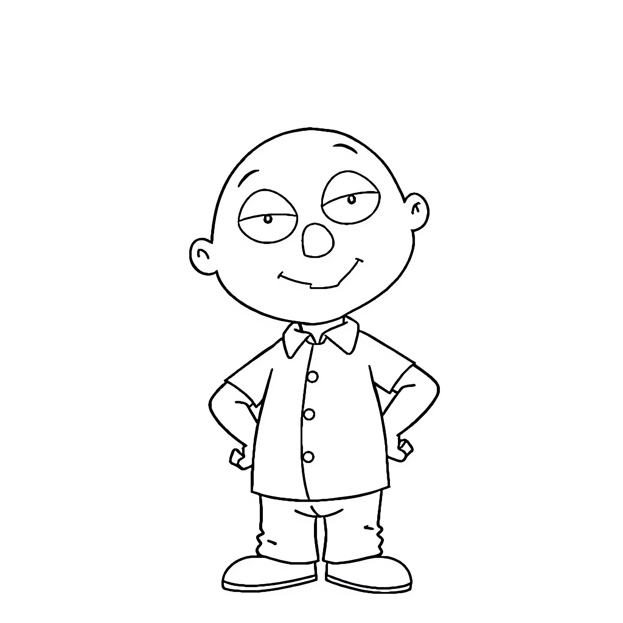 Stewie Griffin standing confidently in his outfit Coloring Page (free black-and-white line drawing printable PDF for all, from beginners to advanced learners, including children, teens, adults, and seniors)