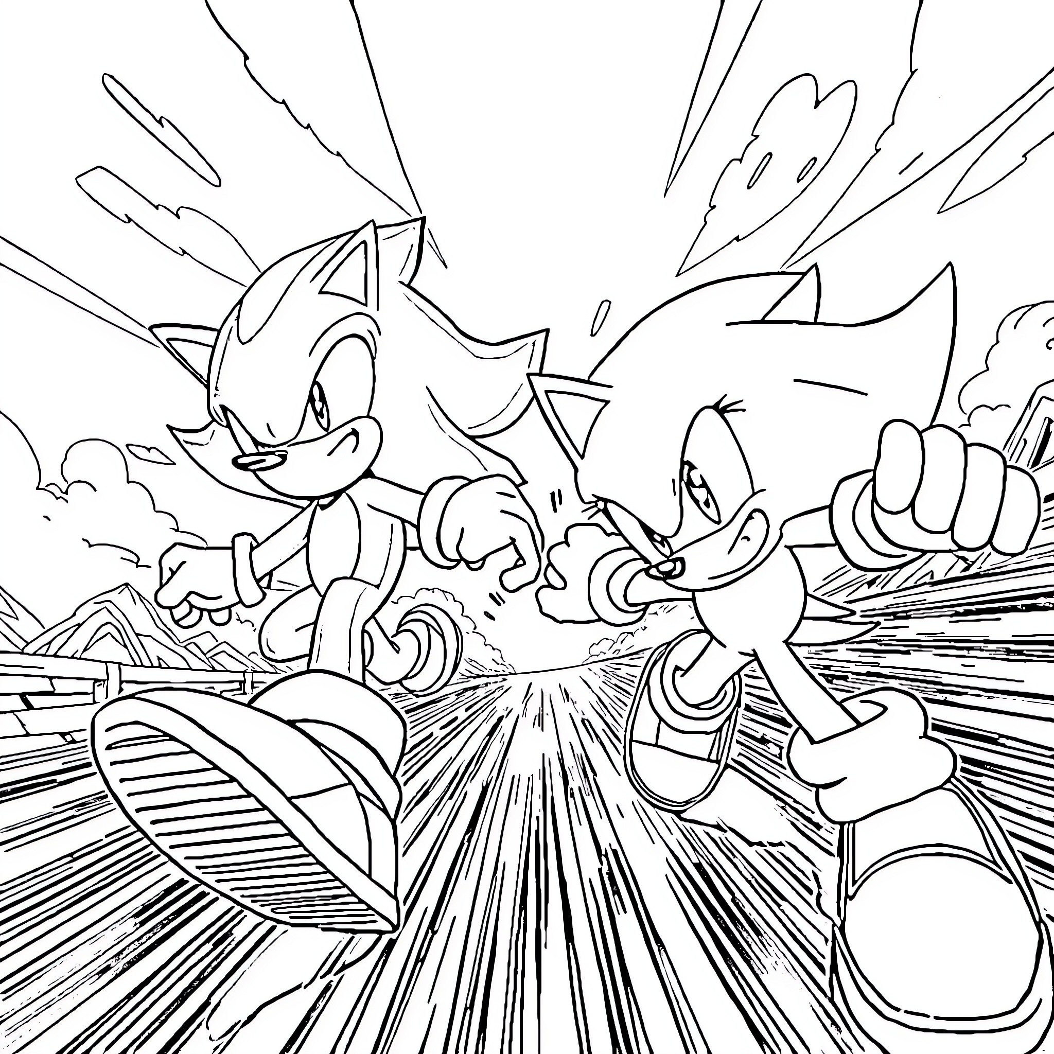Sonic characters in an action-packed scene Coloring Page (free black-and-white line drawing printable PDF for all, from beginners to advanced learners, including children, teens, adults, and seniors)