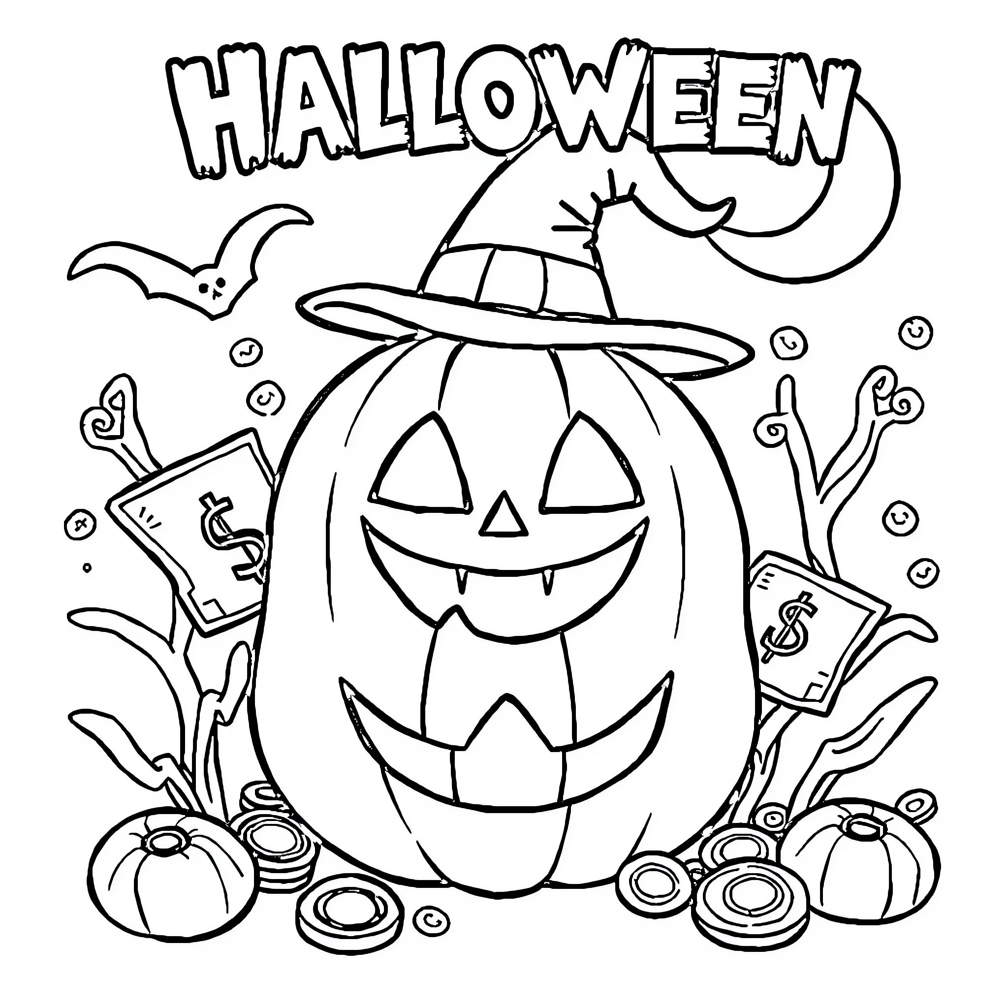 Money-filled Halloween pumpkin with spooky accessories Coloring Page (free black-and-white line drawing printable PDF for all, from beginners to advanced learners, including children, teens, adults, and seniors)