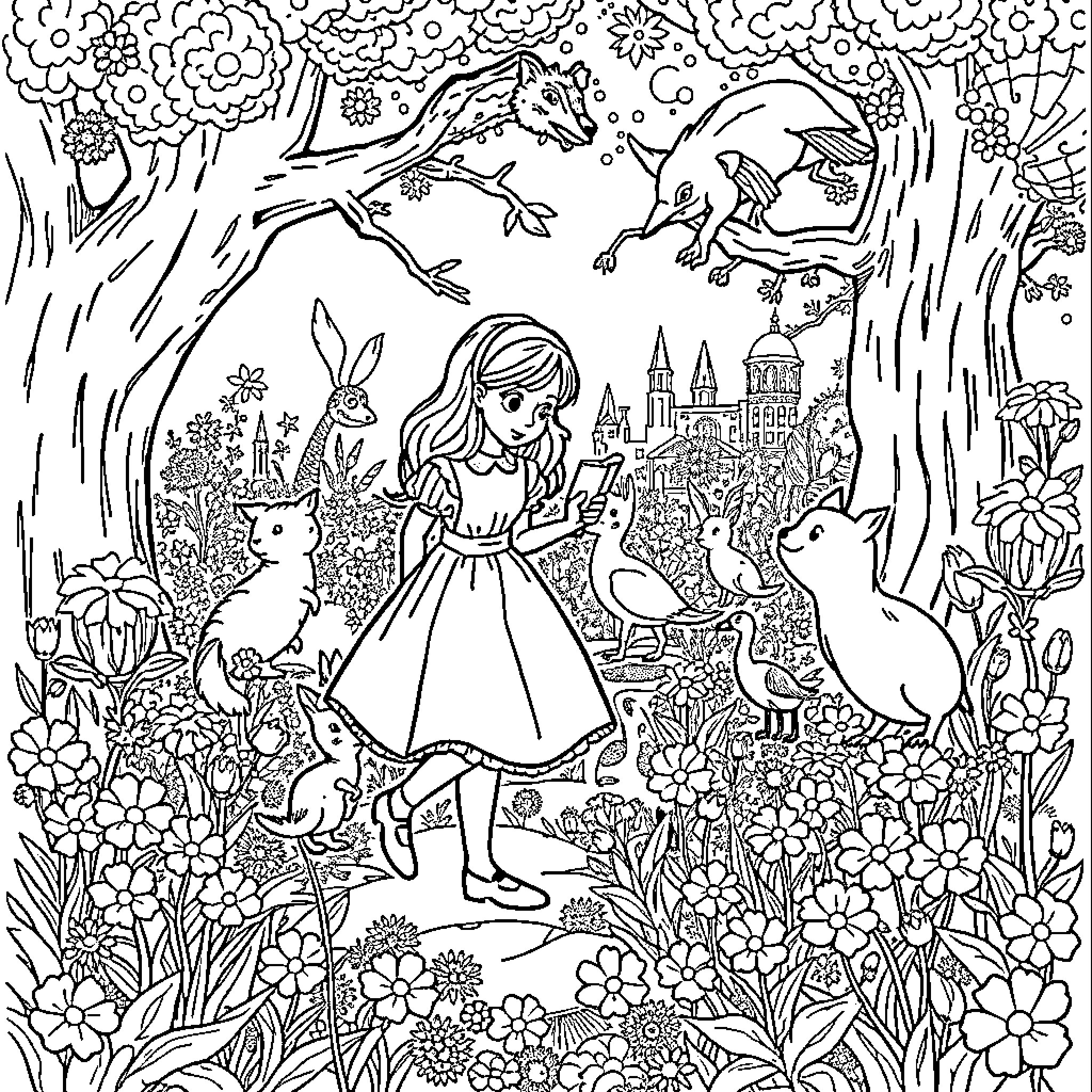 Alice exploring the fantastical forest with animals Coloring Page (free black-and-white line drawing printable PDF for all, from beginners to advanced learners, including children, teens, adults, and seniors)