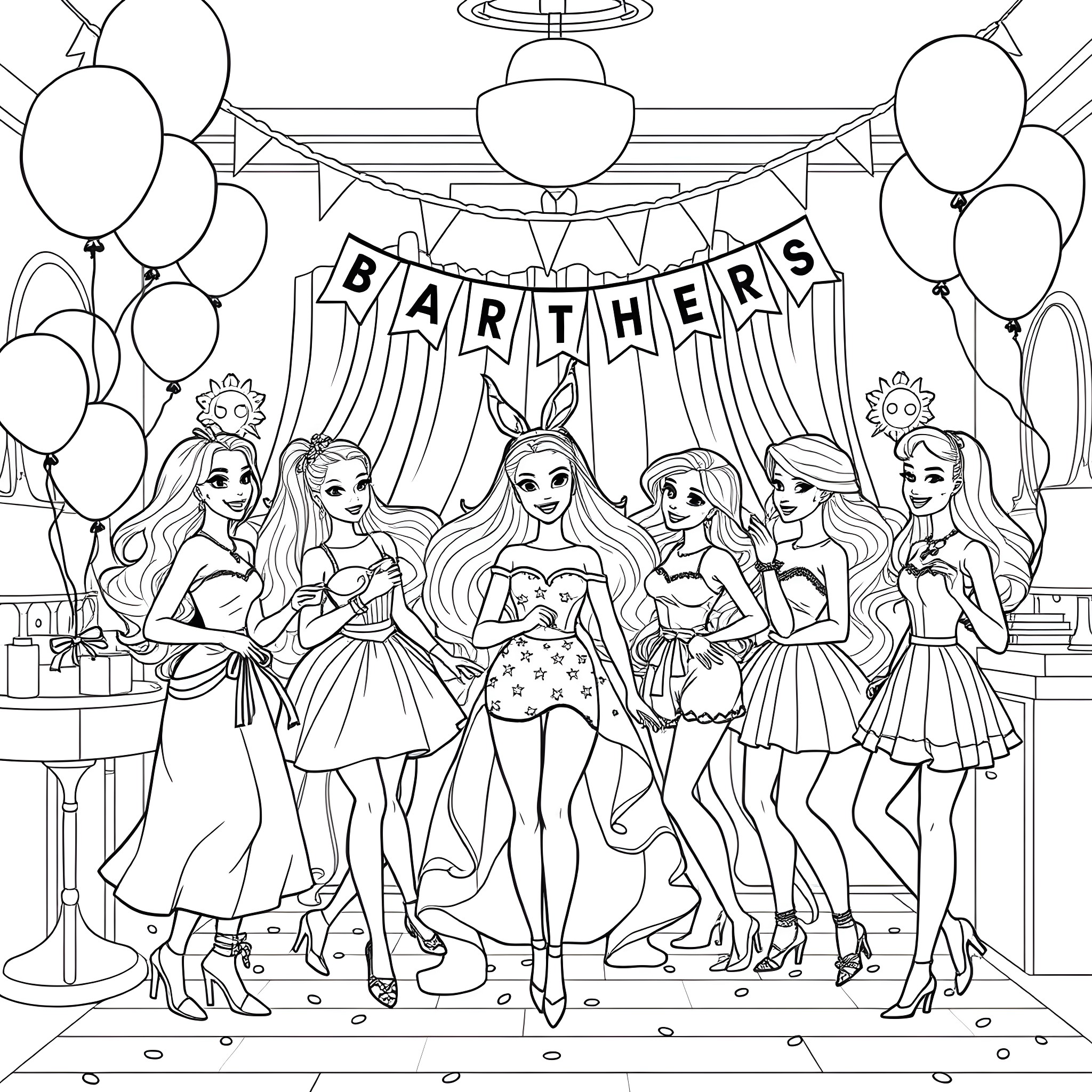 Barbie and friends celebrating a party together Coloring Page (free black-and-white line drawing printable PDF for all, from beginners to advanced learners, including children, teens, adults, and seniors)