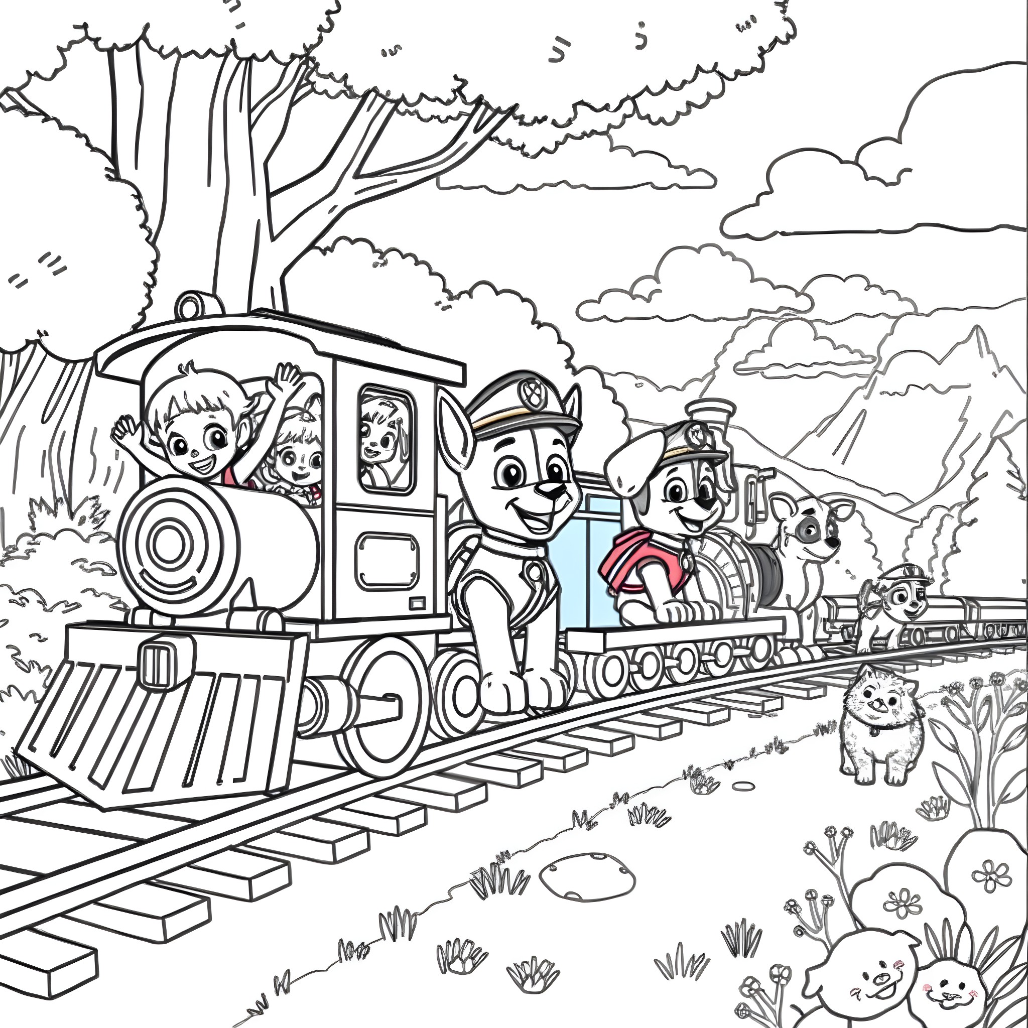 Paw Patrol's Train Adventure in the Countryside Coloring Page (free black-and-white line drawing printable PDF for all, from beginners to advanced learners, including children, teens, adults, and seniors)