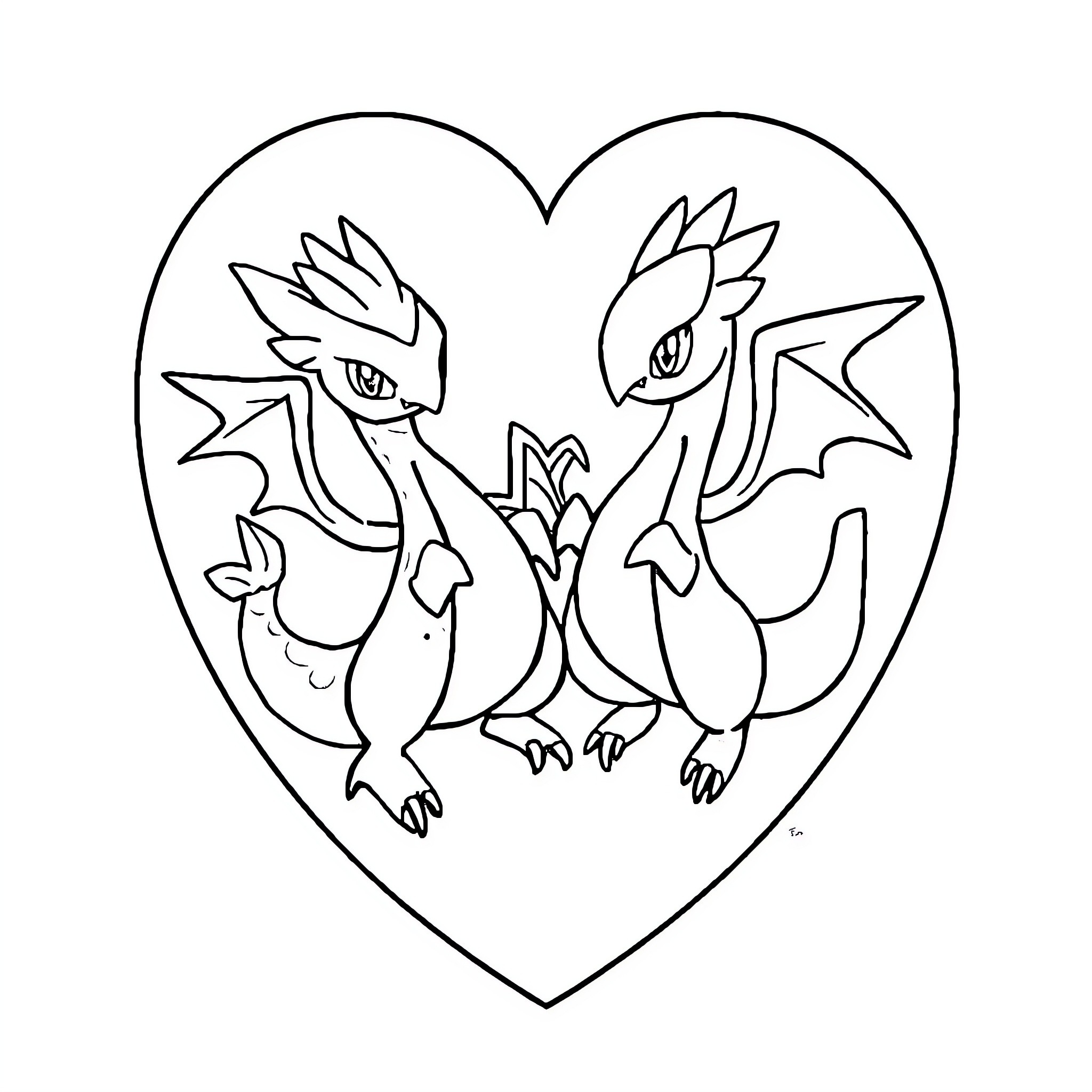 Latios and Latias in Heart-Shaped Frame Coloring Page (free black-and-white line drawing printable PDF for all, from beginners to advanced learners, including children, teens, adults, and seniors)
