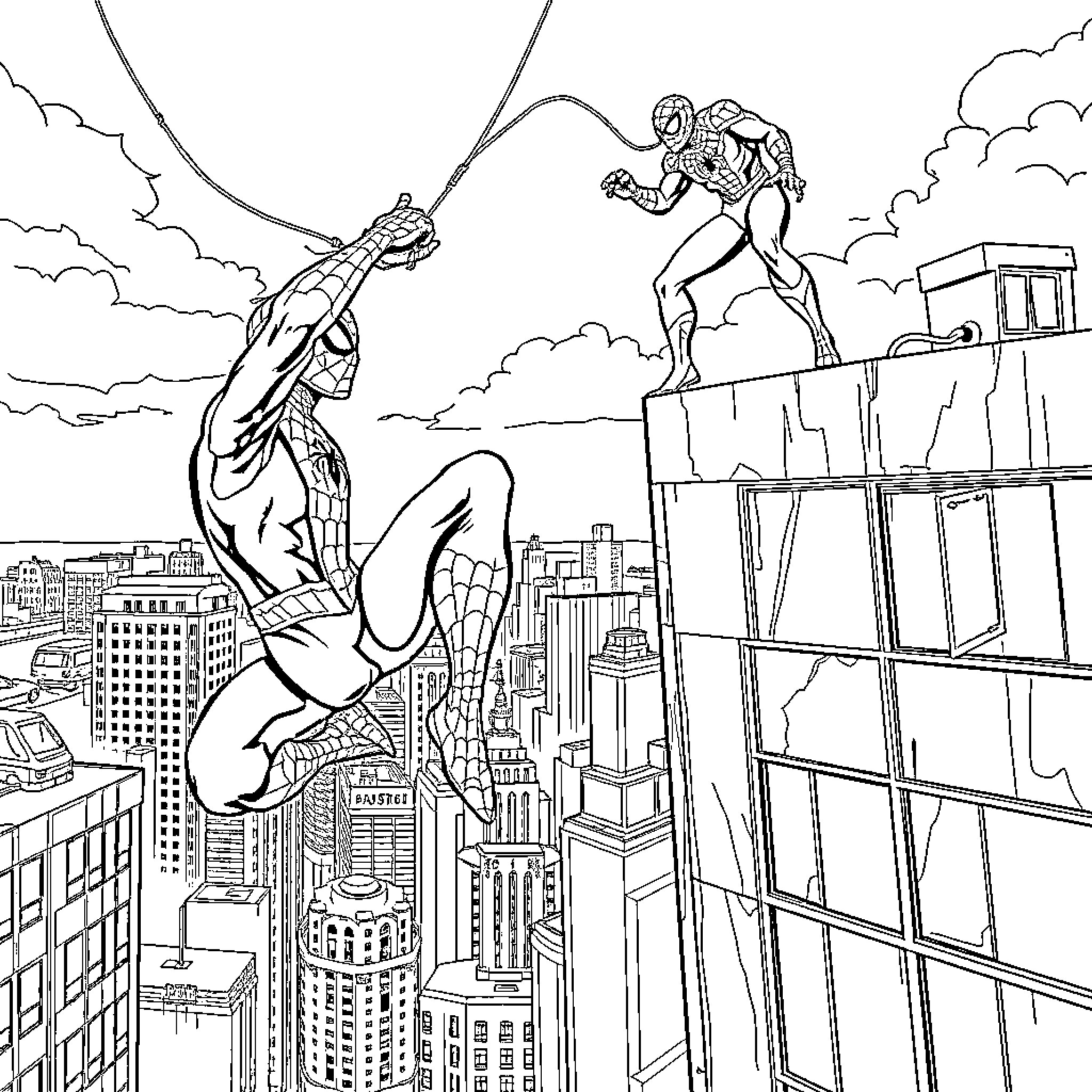 Spider-Man heroically swinging through the city skyline Coloring Page (free black-and-white line drawing printable PDF for all, from beginners to advanced learners, including children, teens, adults, and seniors)