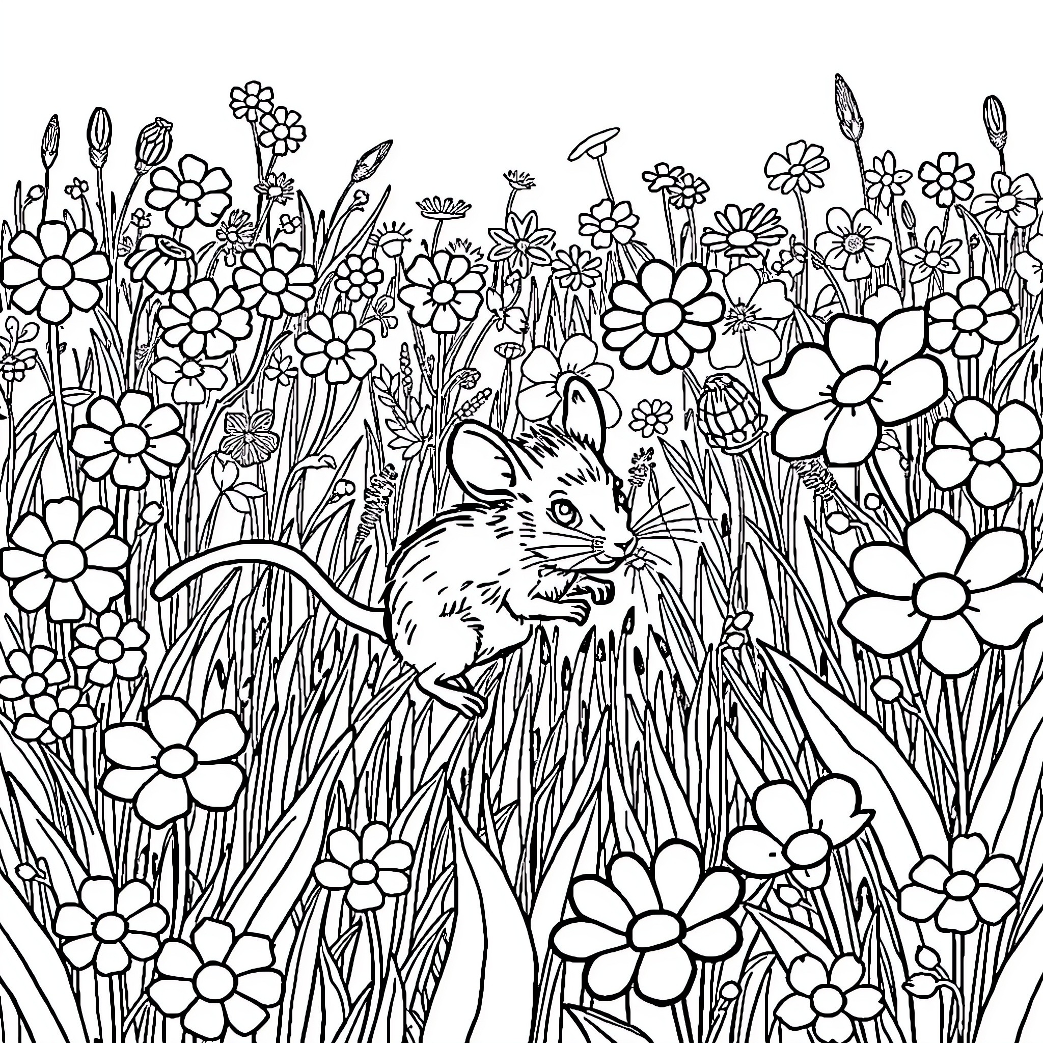 Mouse scurrying through a field of flowers Coloring Page (free black-and-white line drawing printable PDF for all, from beginners to advanced learners, including children, teens, adults, and seniors)
