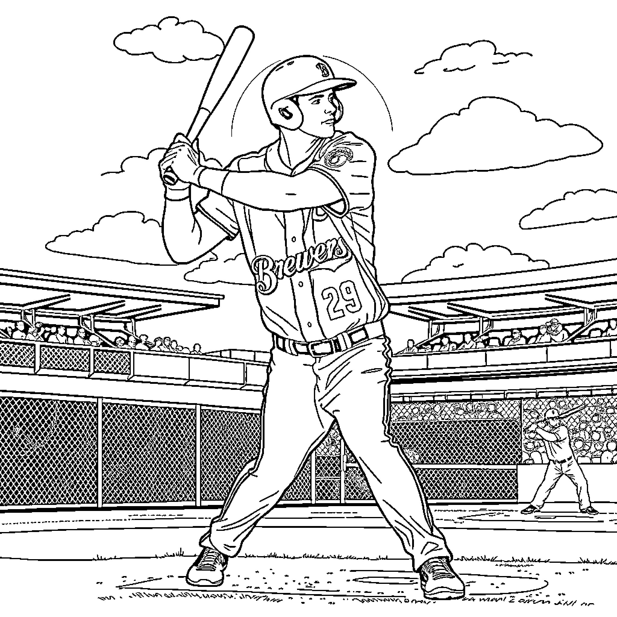 Christian Yelich batting in baseball stadium Coloring Page (free black-and-white line drawing printable PDF for all, from beginners to advanced learners, including children, teens, adults, and seniors)