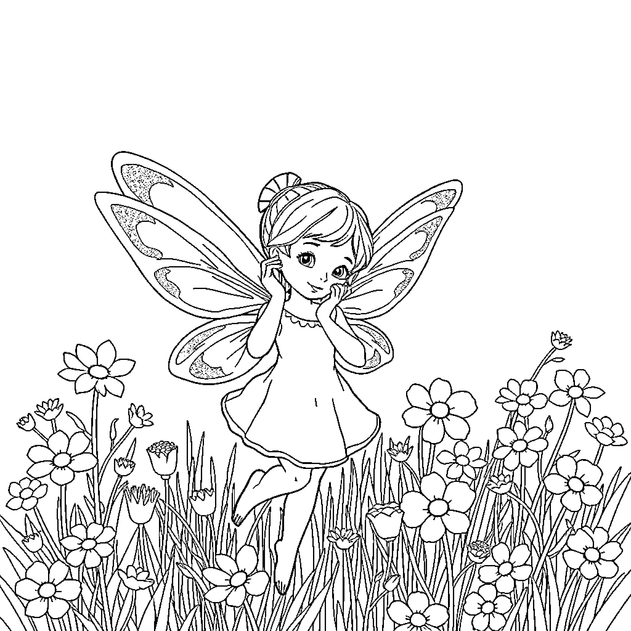 Fairy in a Flower Garden Coloring Page (free black-and-white line drawing printable PDF for all, from beginners to advanced learners, including children, teens, adults, and seniors)