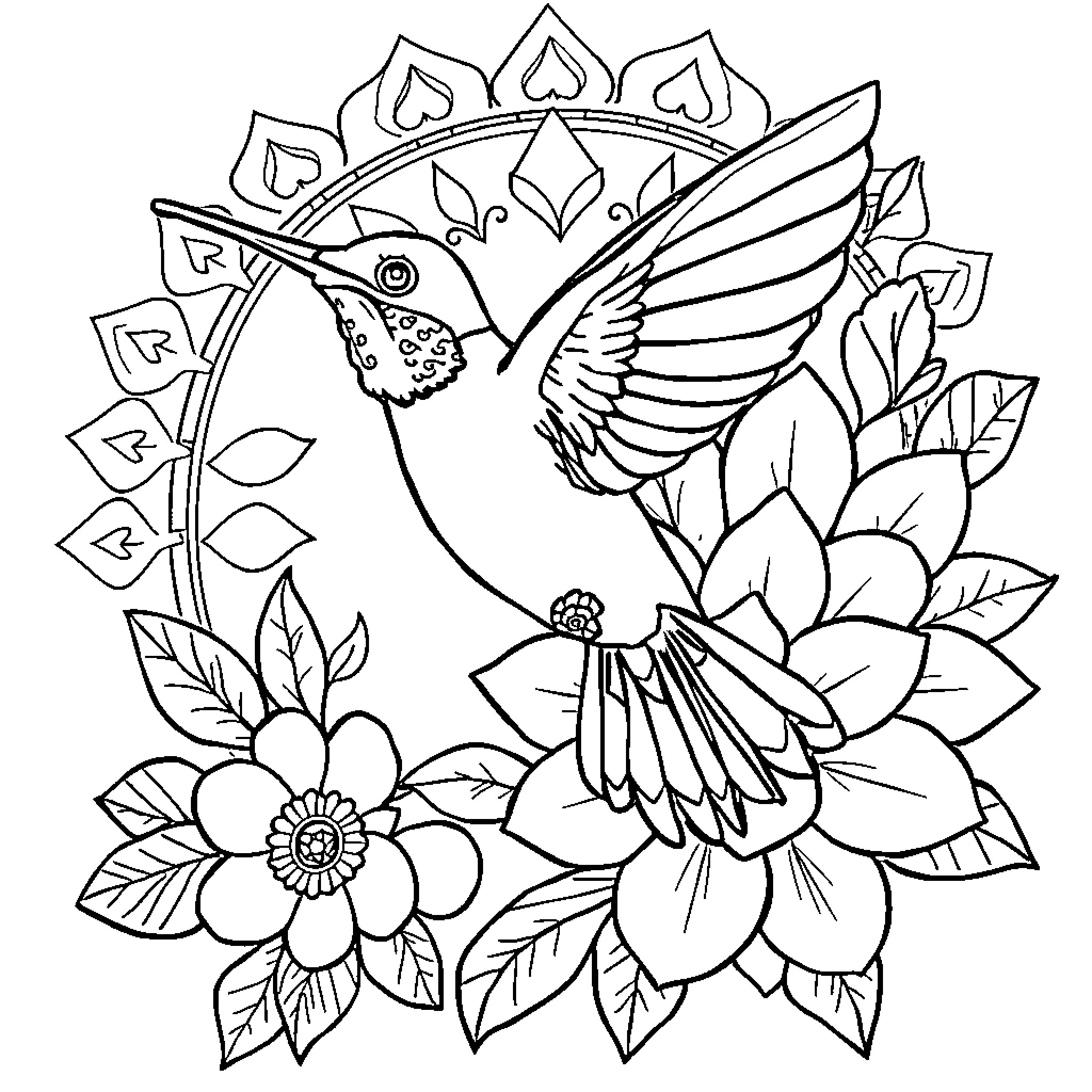 Hummingbird amidst floral designs Coloring Page (free black-and-white line drawing printable PDF for all, from beginners to advanced learners, including children, teens, adults, and seniors)